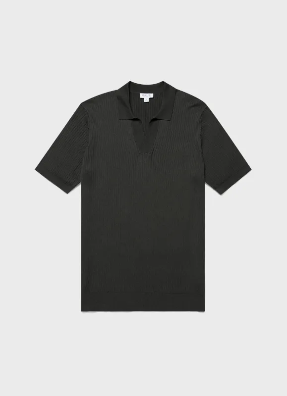 Men's Fine Rib Silk Cotton Polo Shirt in Dusk Green sold by Sunspel
