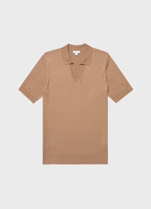 Men's Fine Rib Silk Cotton Polo Shirt in Dune sold by Sunspel