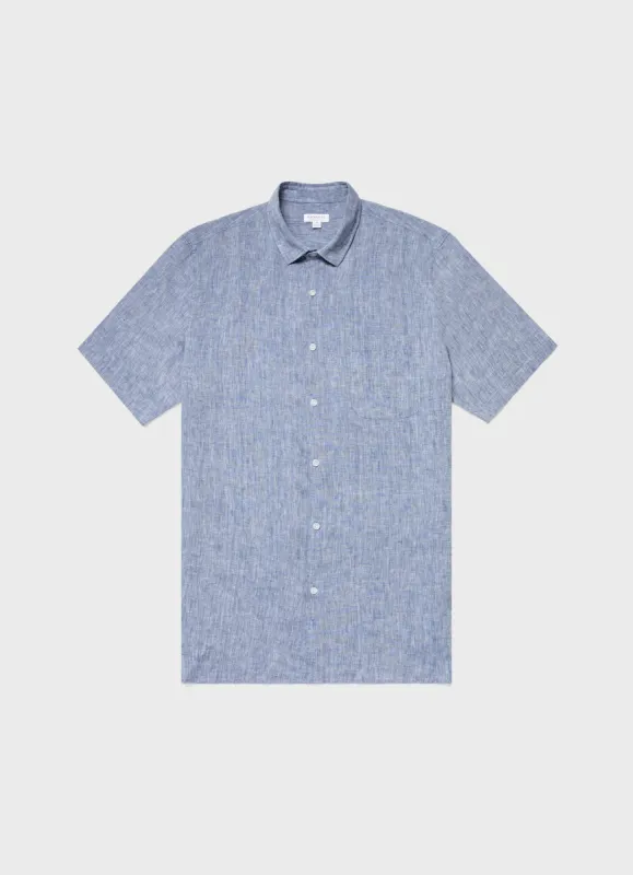 Men's Short Sleeve Linen Shirt in Bluestone Melange sold by Sunspel