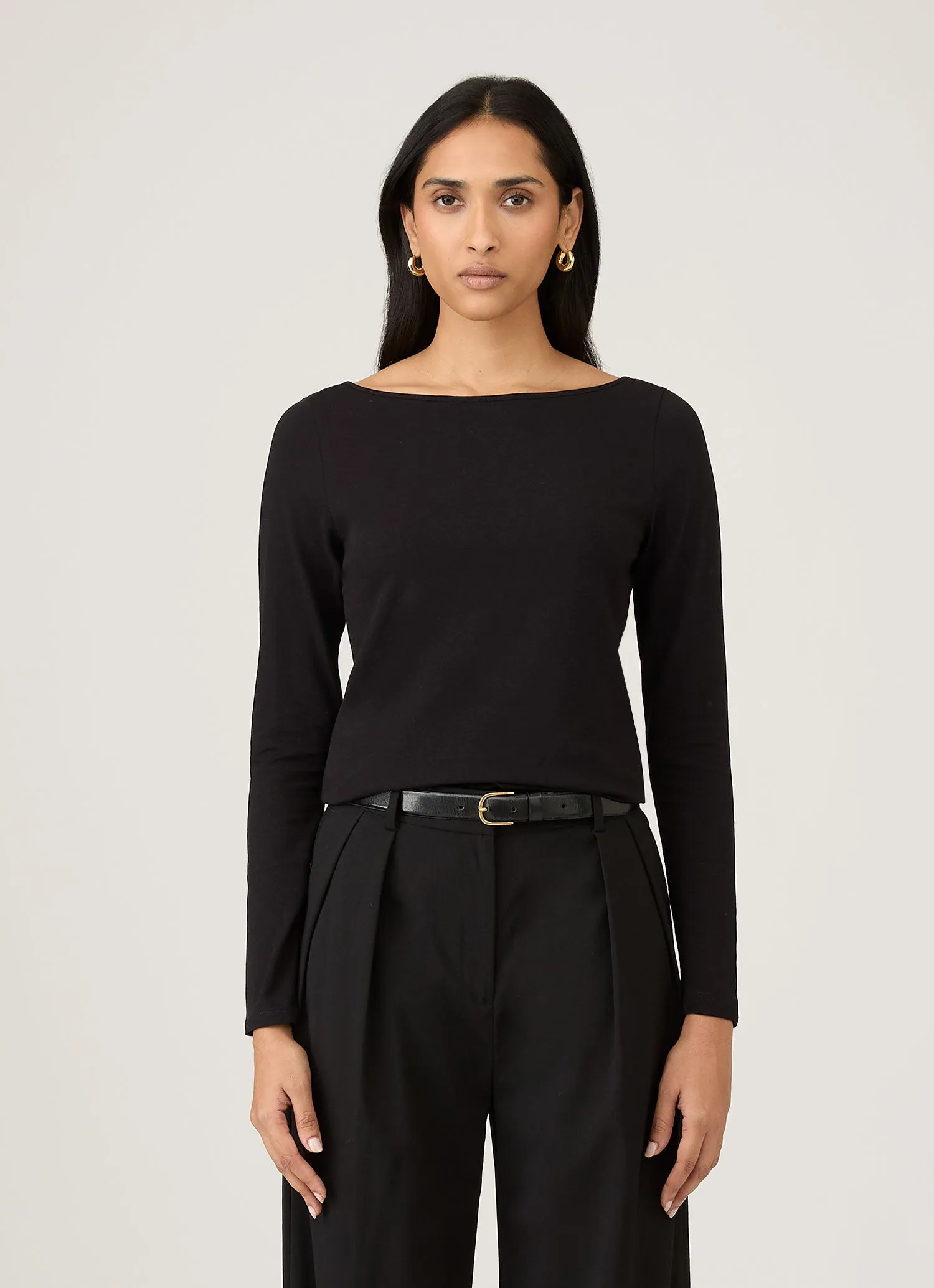 Women's Stretch Cotton Slash Neck Top in Black sold by Sunspel
