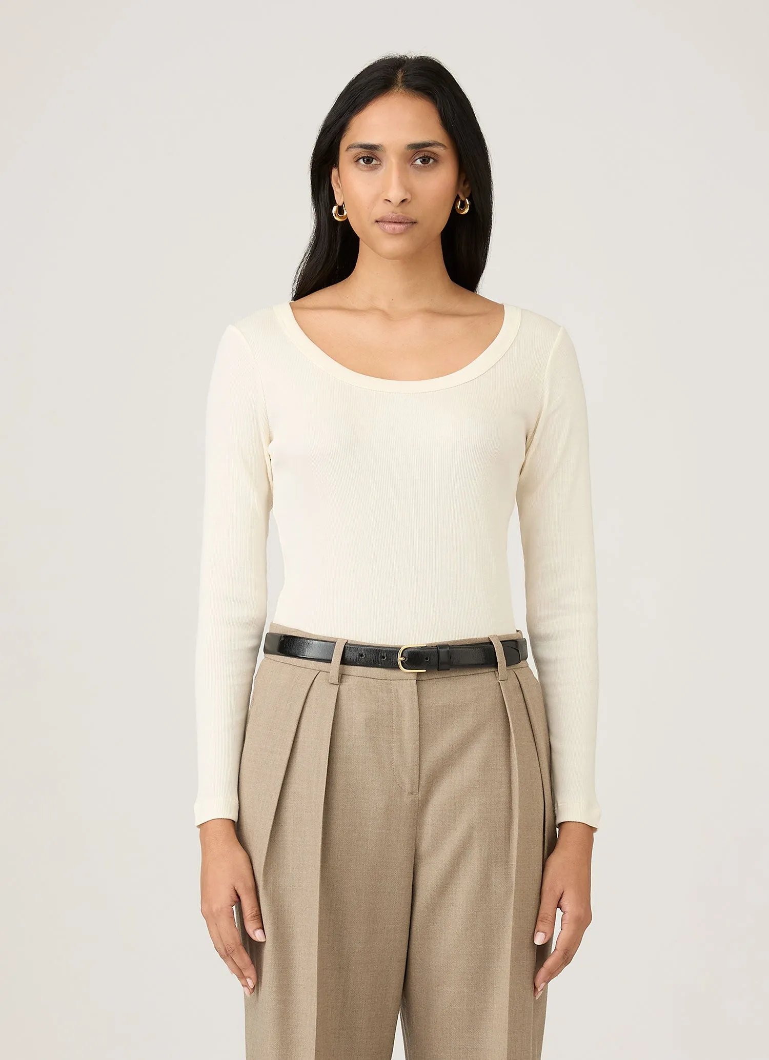 Women's Ribbed Scoop Neck T-shirt in Ecru sold by Sunspel
