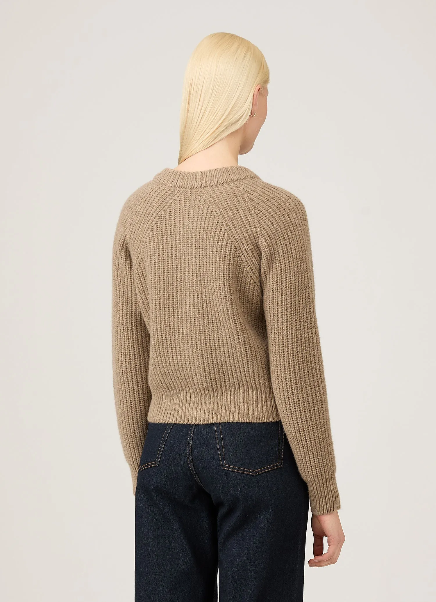 Women's Ribbed Crew Neck Cardigan in Mink sold by Sunspel product image thumbnail 3