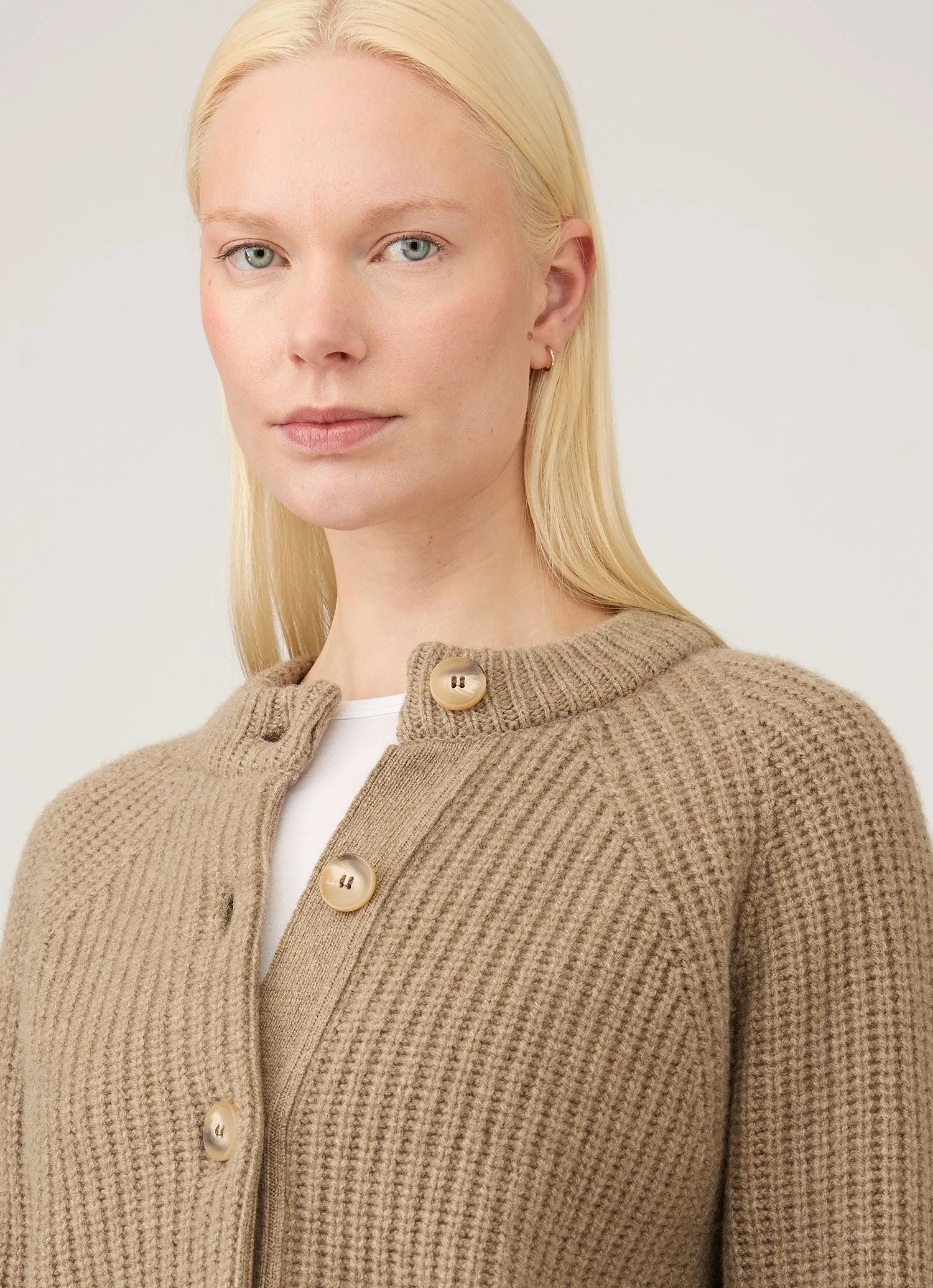 Women's Ribbed Crew Neck Cardigan in Mink sold by Sunspel product image thumbnail 4