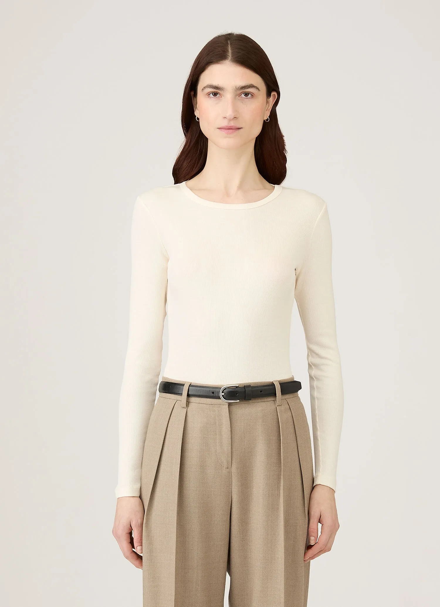 Women's Long Sleeve Ribbed T-shirt in Ecru sold by Sunspel