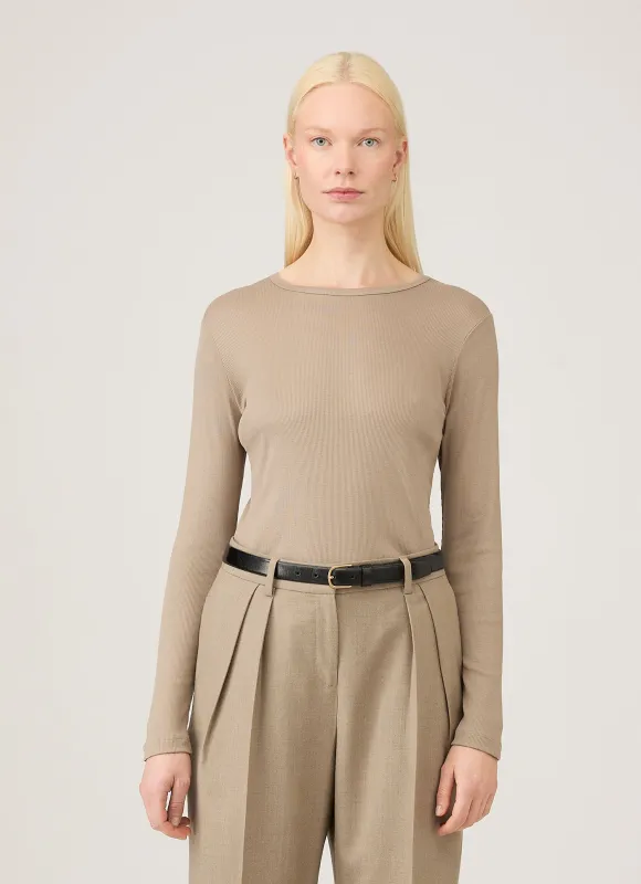 Women's Long Sleeve Ribbed T-shirt in Mink sold by Sunspel