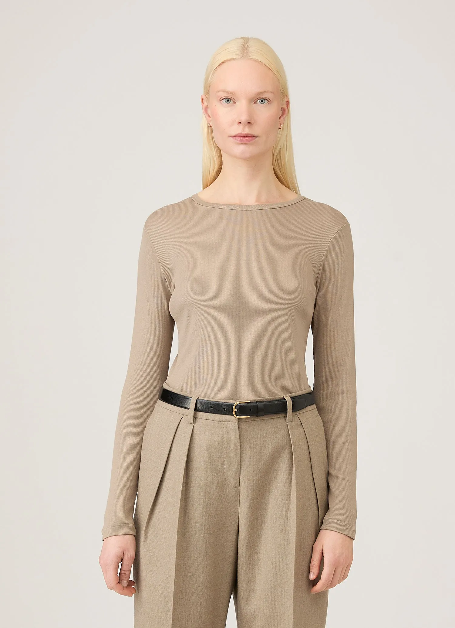 Women's Long Sleeve Ribbed T-shirt in Mink sold by Sunspel