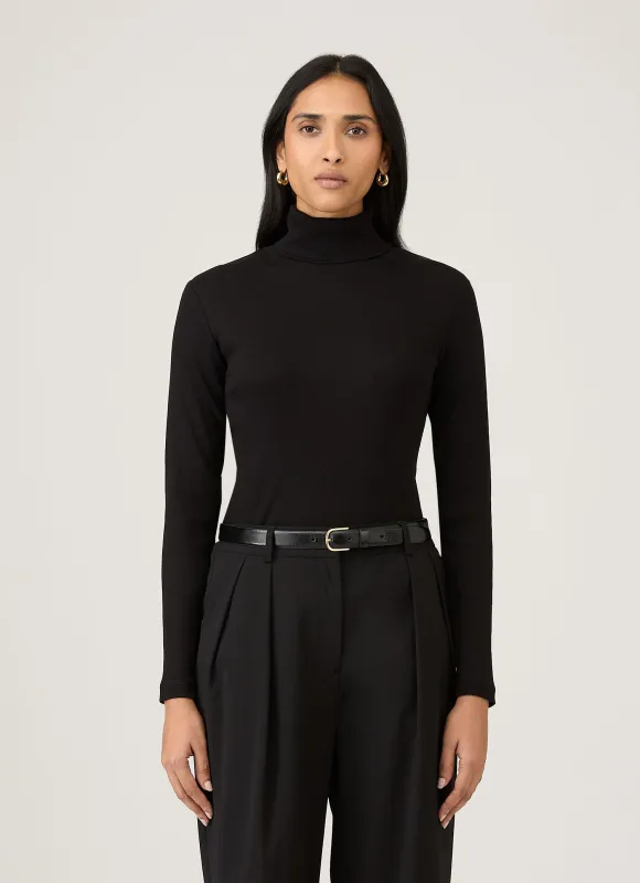 Women's Ribbbed Roll Neck in Black sold by Sunspel