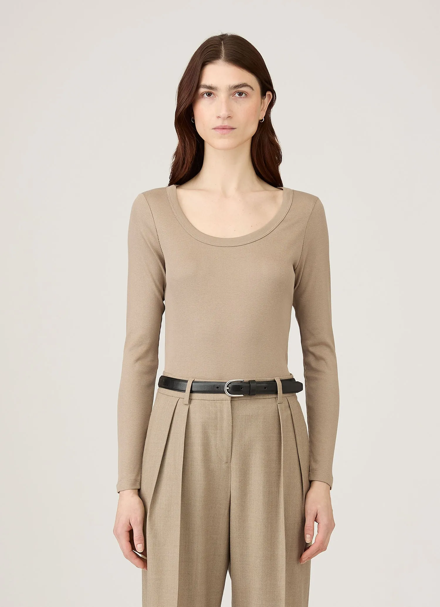 Women's Ribbed Scoop Neck T-shirt in Mink sold by Sunspel