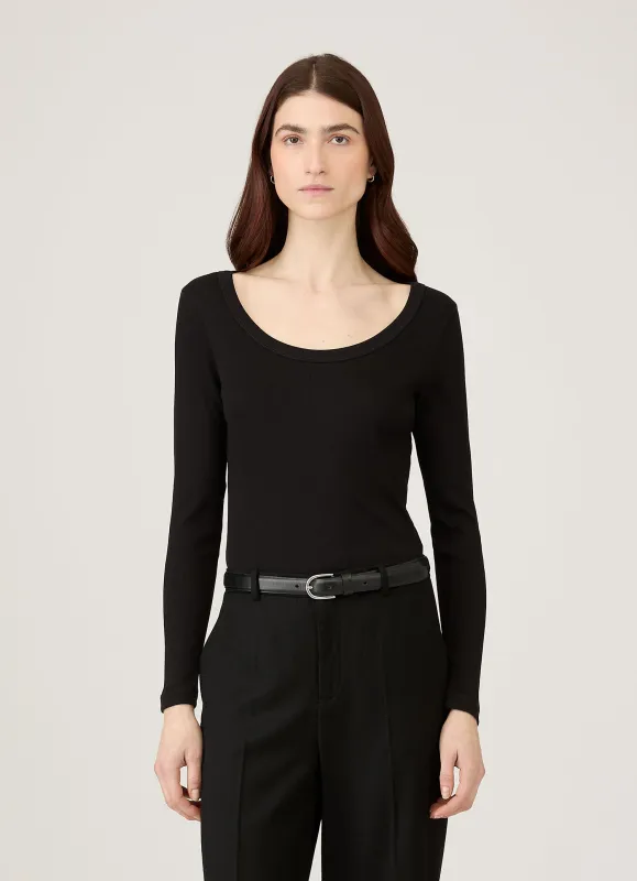 Women's Ribbed Scoop Neck T-shirt in Black sold by Sunspel