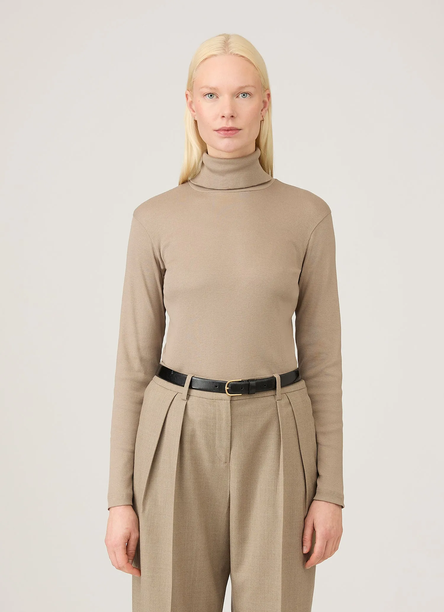 Women's Ribbbed Roll Neck in Mink sold by Sunspel