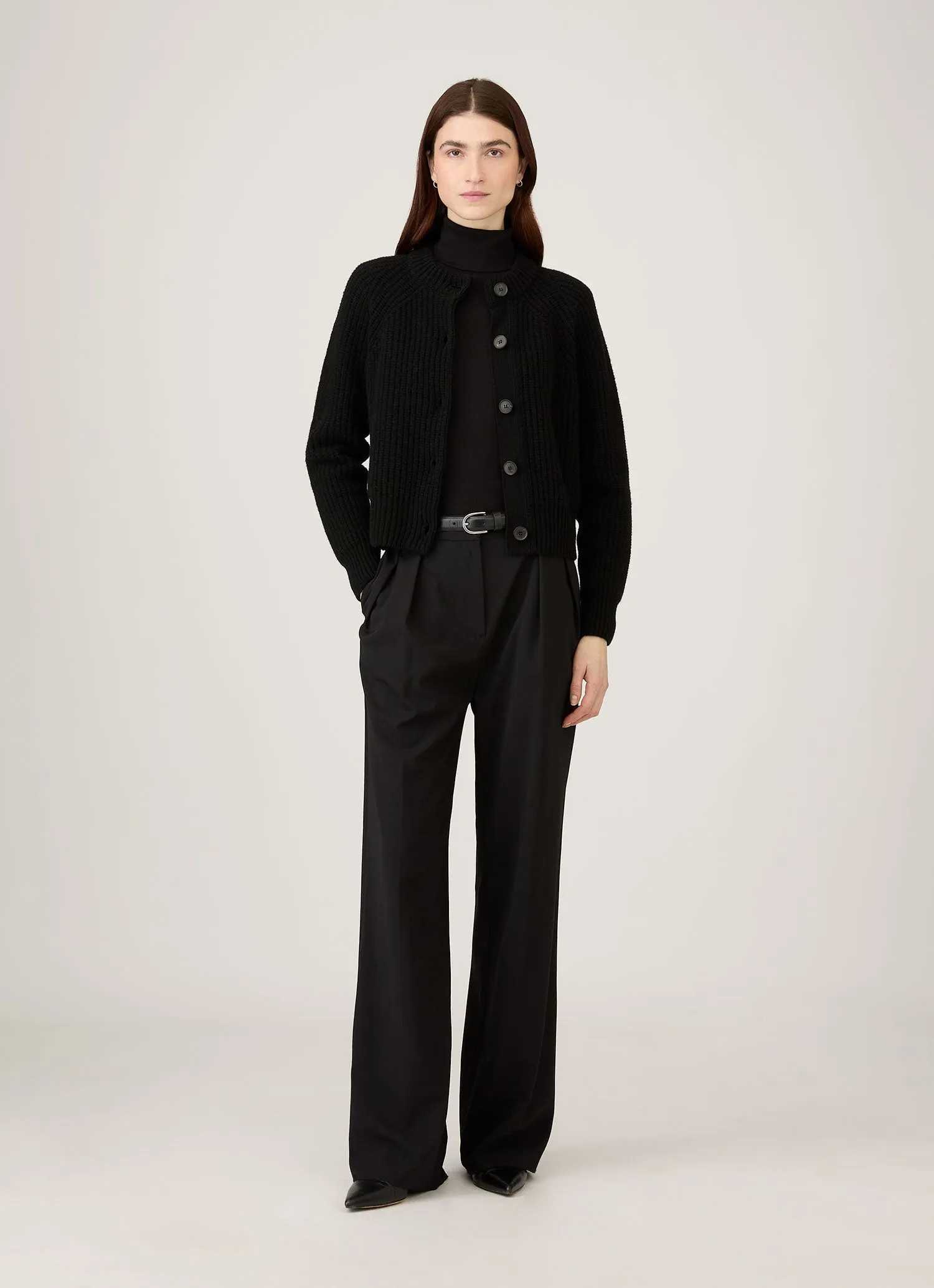 Women's Ribbed Crew Neck Cardigan in Black sold by Sunspel product image thumbnail 2