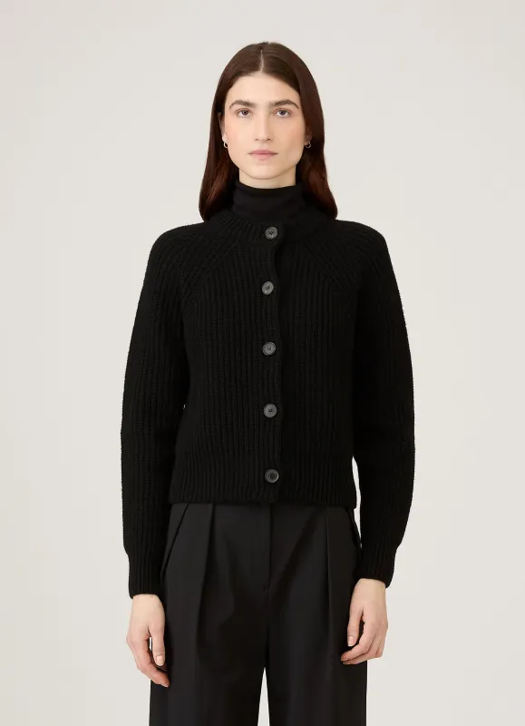 Women's Ribbed Crew Neck Cardigan in Black sold by Sunspel