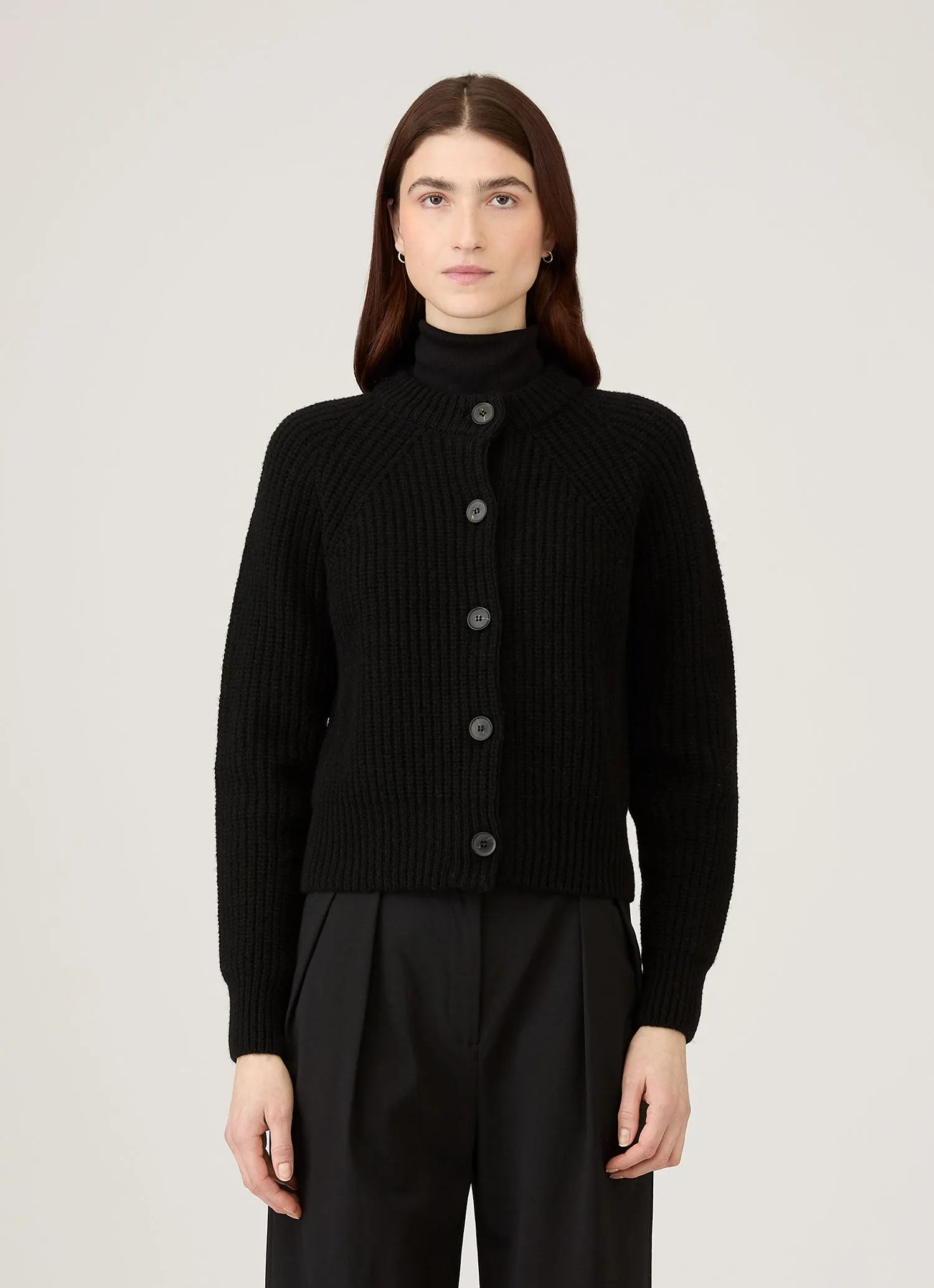 Women's Ribbed Crew Neck Cardigan in Black sold by Sunspel