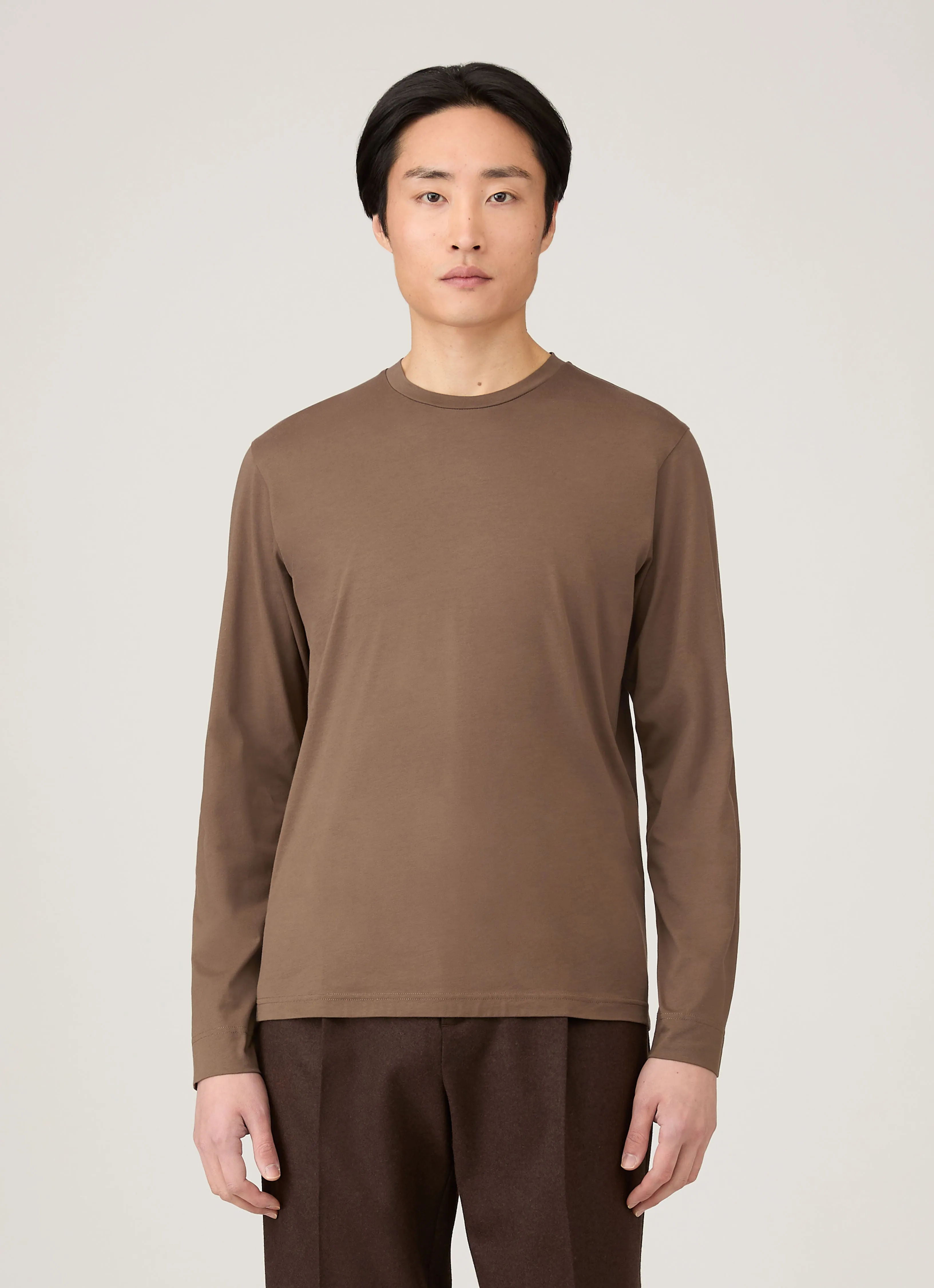 Men's Long Sleeve Riviera Midweight T-shirt in Bark sold by Sunspel product image thumbnail 2