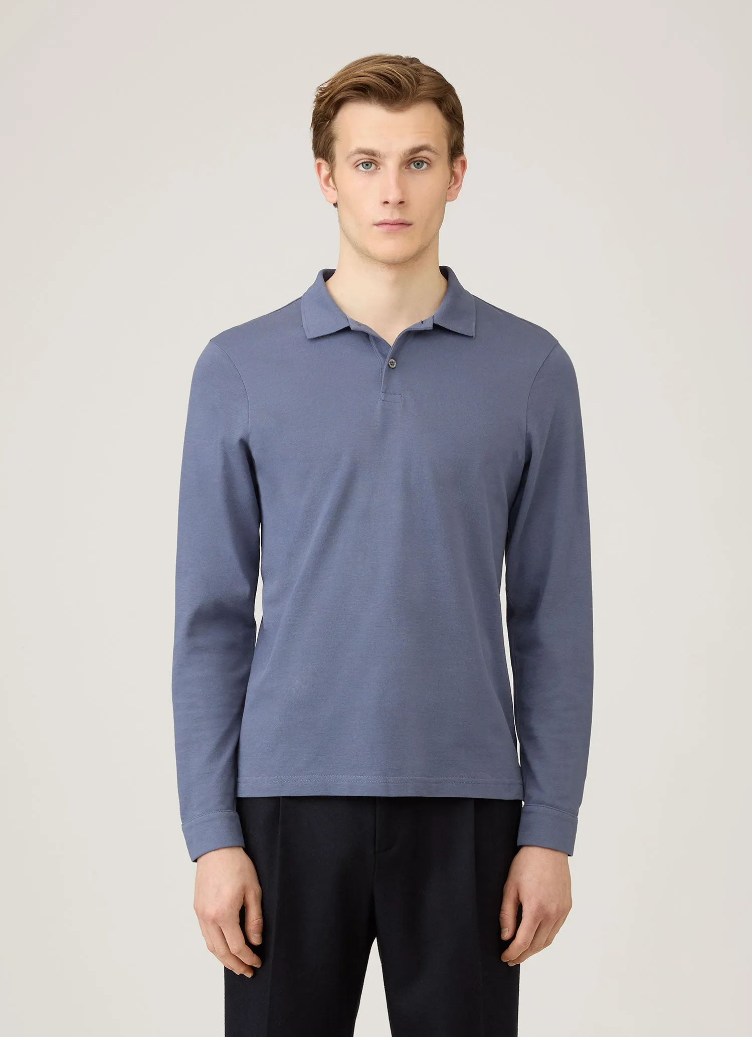Men's Long Sleeve Piqué Polo Shirt in Selvedge Blue sold by Sunspel product image thumbnail 2