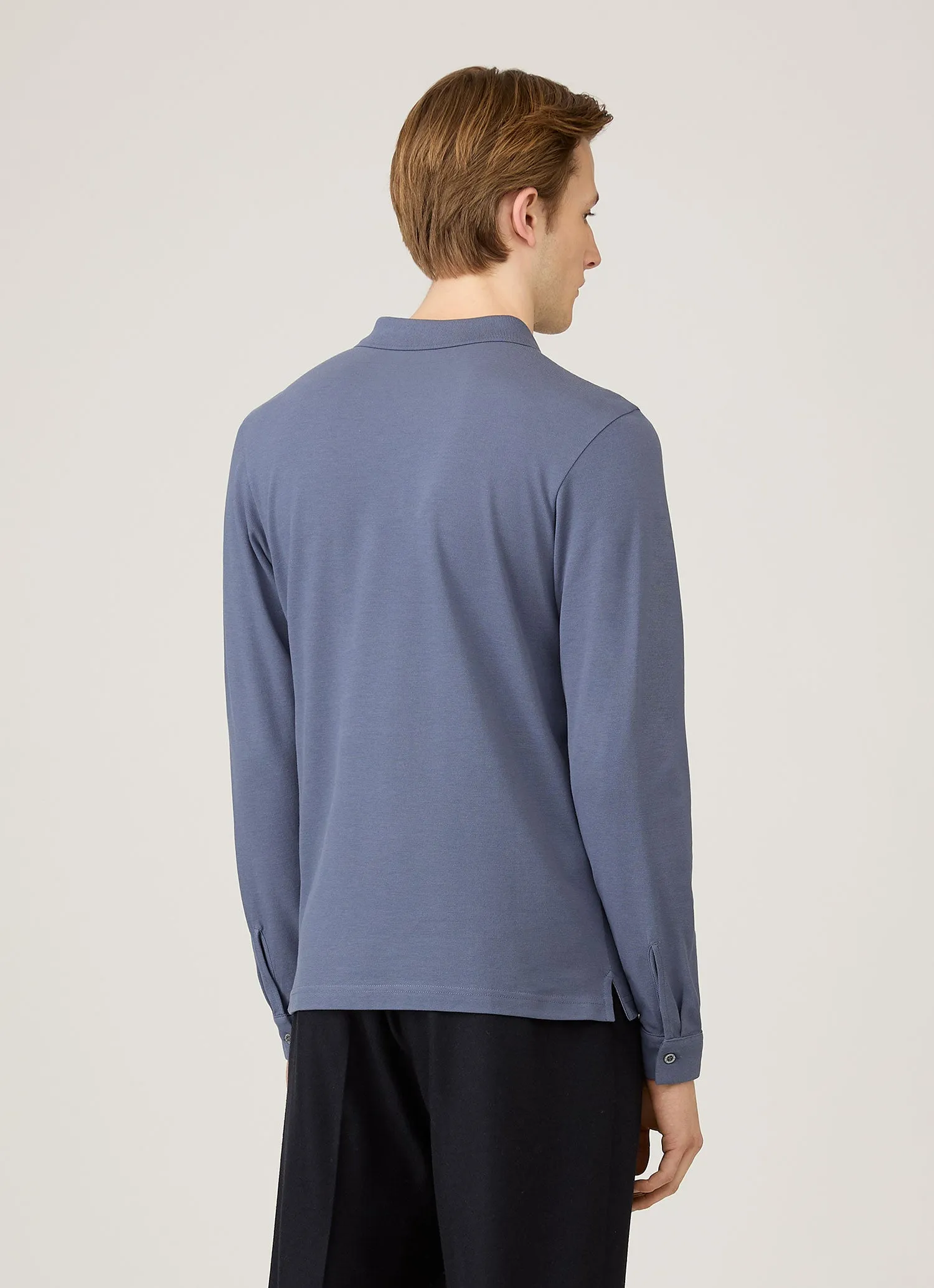 Men's Long Sleeve Piqué Polo Shirt in Selvedge Blue sold by Sunspel product image thumbnail 5