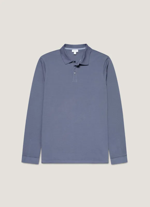 Men's Long Sleeve Piqué Polo Shirt in Selvedge Blue sold by Sunspel