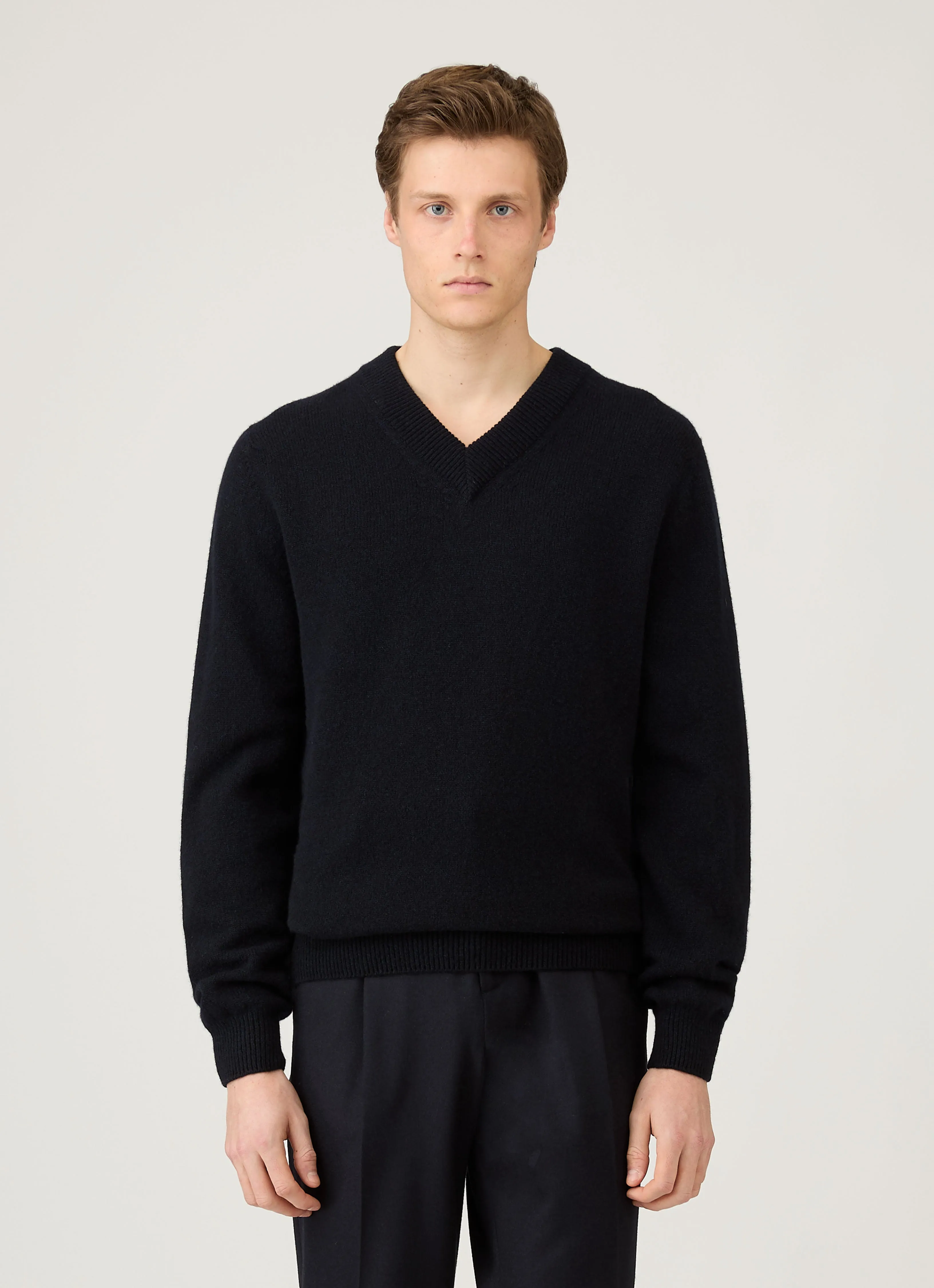 Men's Lambswool V-neck Jumper in Dark Navy Mouline sold by Sunspel product image thumbnail 2