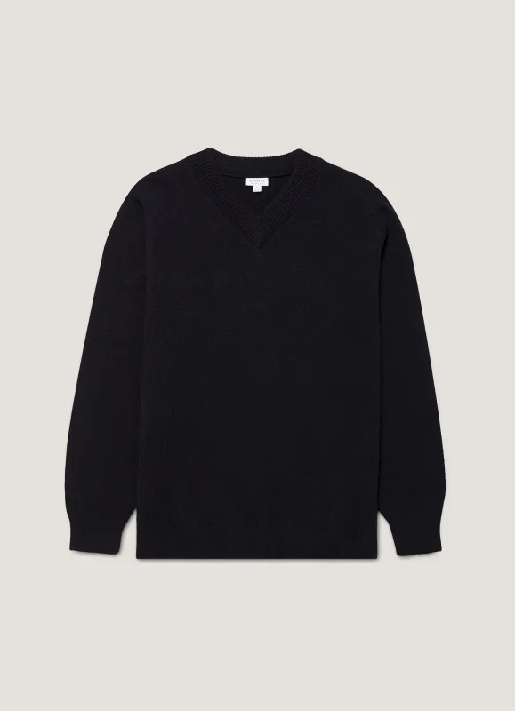 Men's Lambswool V-neck Jumper in Dark Navy Mouline sold by Sunspel