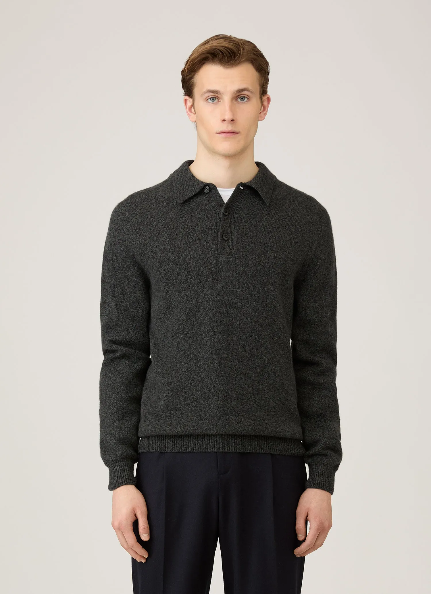 Men's Lambswool Knitted Polo Shirt in Dark Green Twist sold by Sunspel product image thumbnail 2