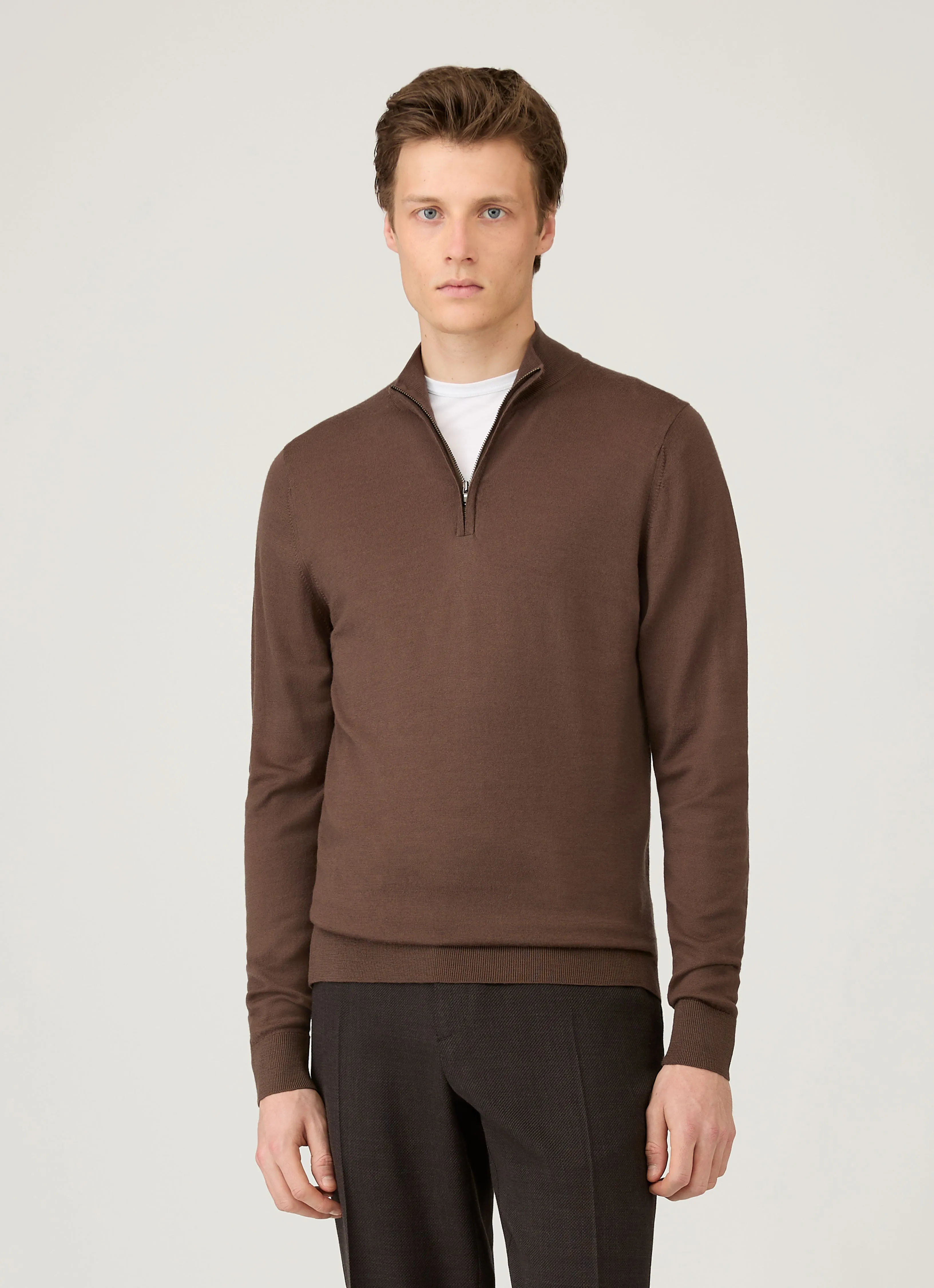 Men's Extra-Fine Merino Zip Neck in Bark sold by Sunspel product image thumbnail 2