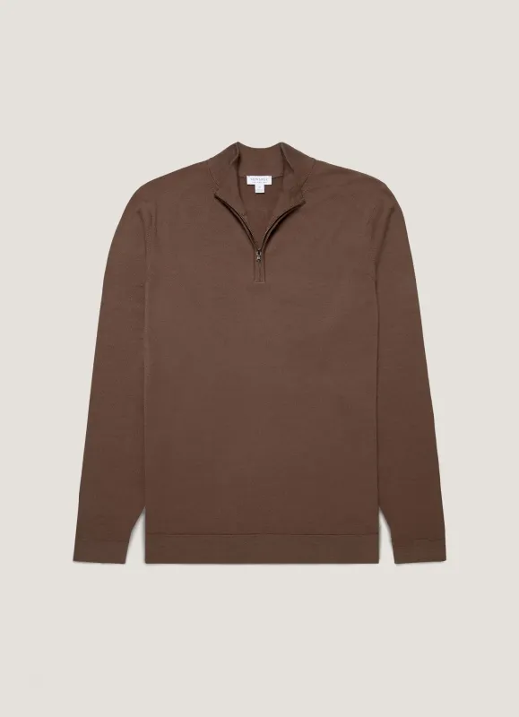 Men's Extra-Fine Merino Zip Neck in Bark sold by Sunspel