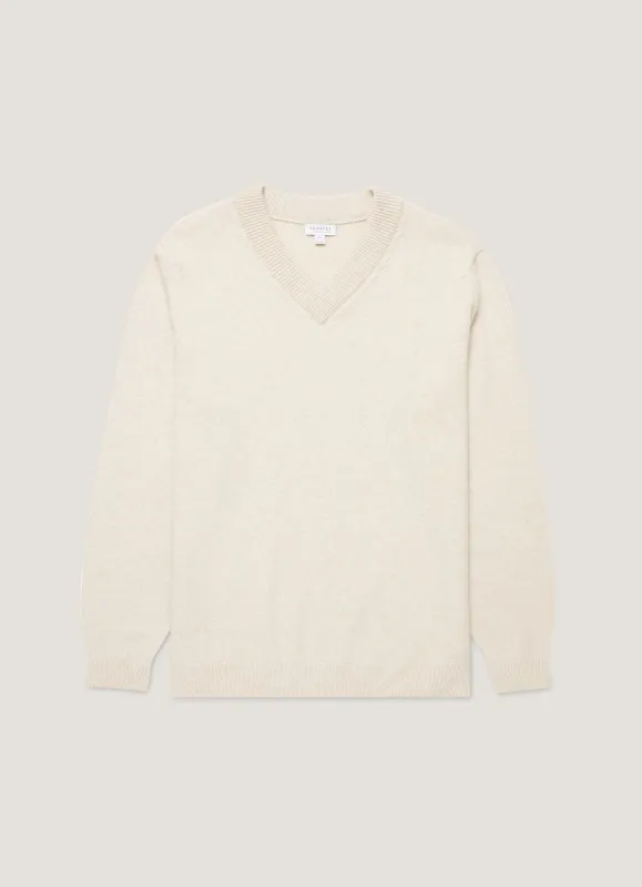 Men's Lambswool V-neck Jumper in Oatmeal Melange sold by Sunspel