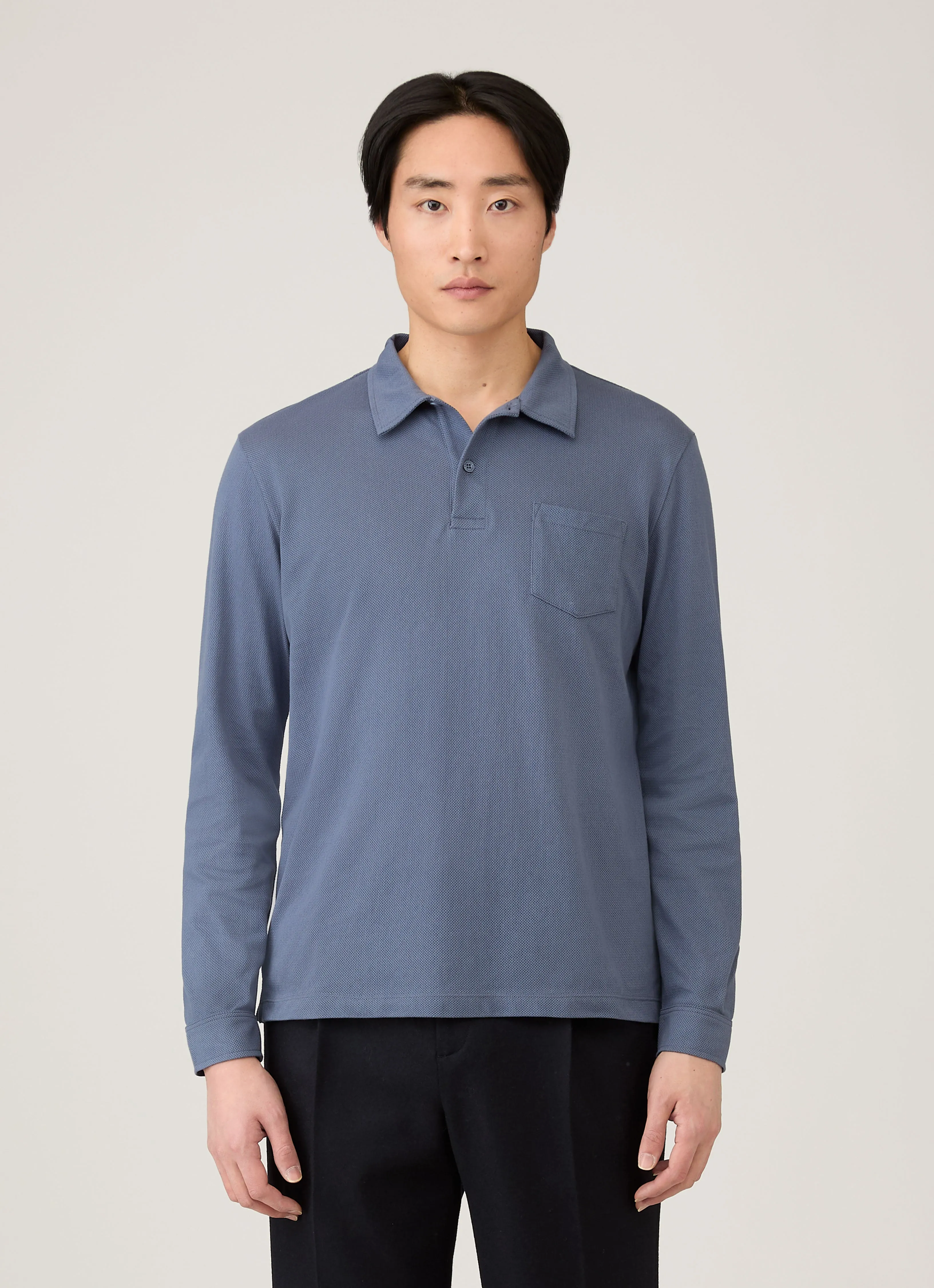 Men's Long Sleeve Riviera Polo Shirt in Selvedge Blue sold by Sunspel product image thumbnail 2