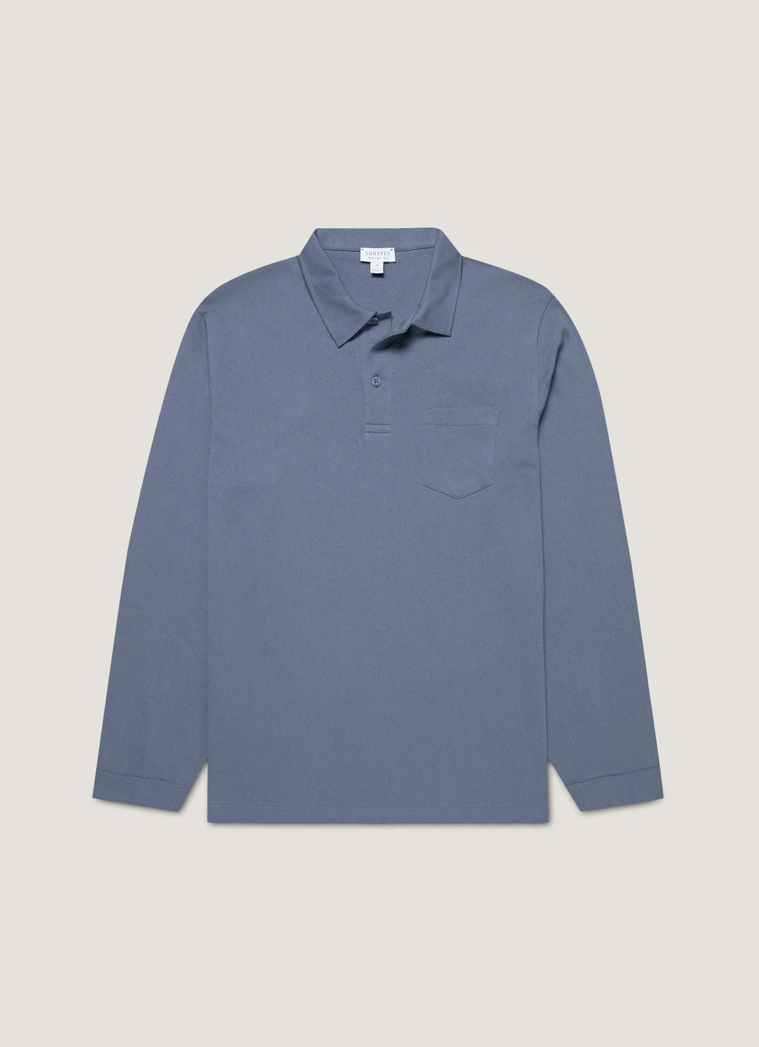 Men's Long Sleeve Riviera Polo Shirt in Selvedge Blue sold by Sunspel