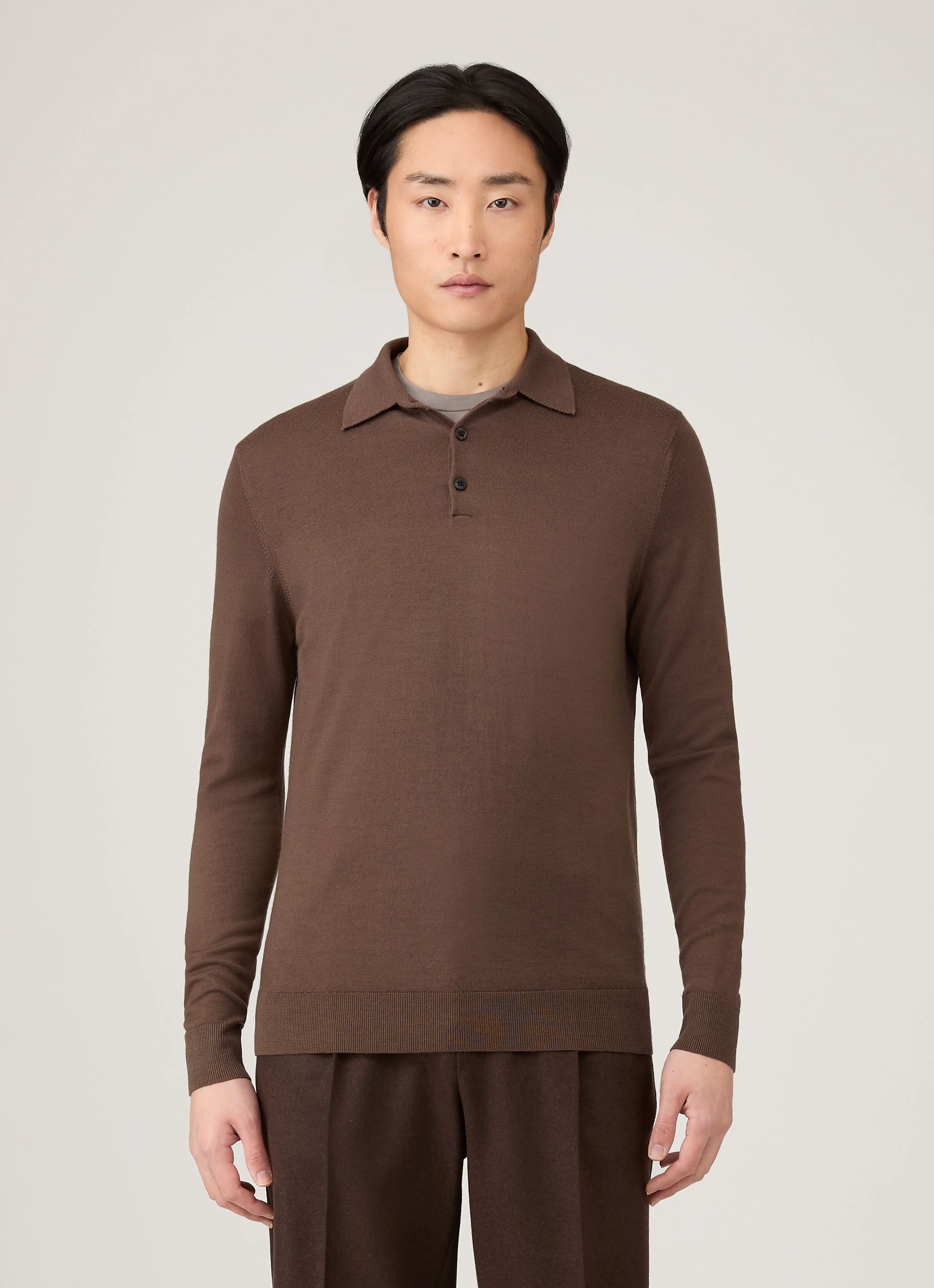 Men's Extra-Fine Merino Polo Shirt in Bark sold by Sunspel product image thumbnail 2