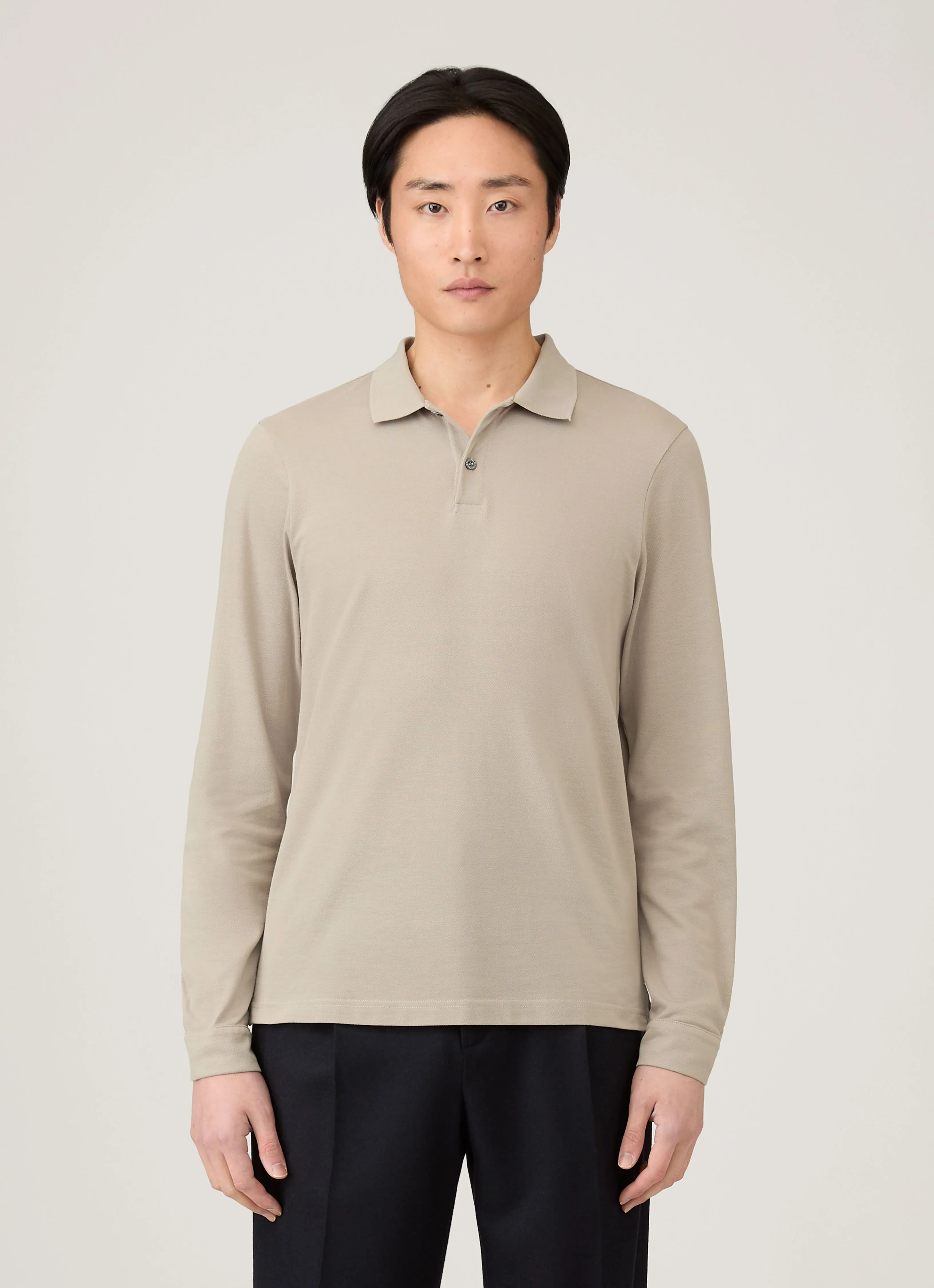 Men's Long Sleeve Piqué Polo Shirt in Fog sold by Sunspel product image thumbnail 2
