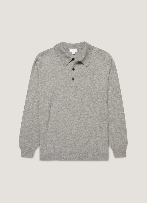 Men's Cashmere Polo Shirt in Grey Melange sold by Sunspel