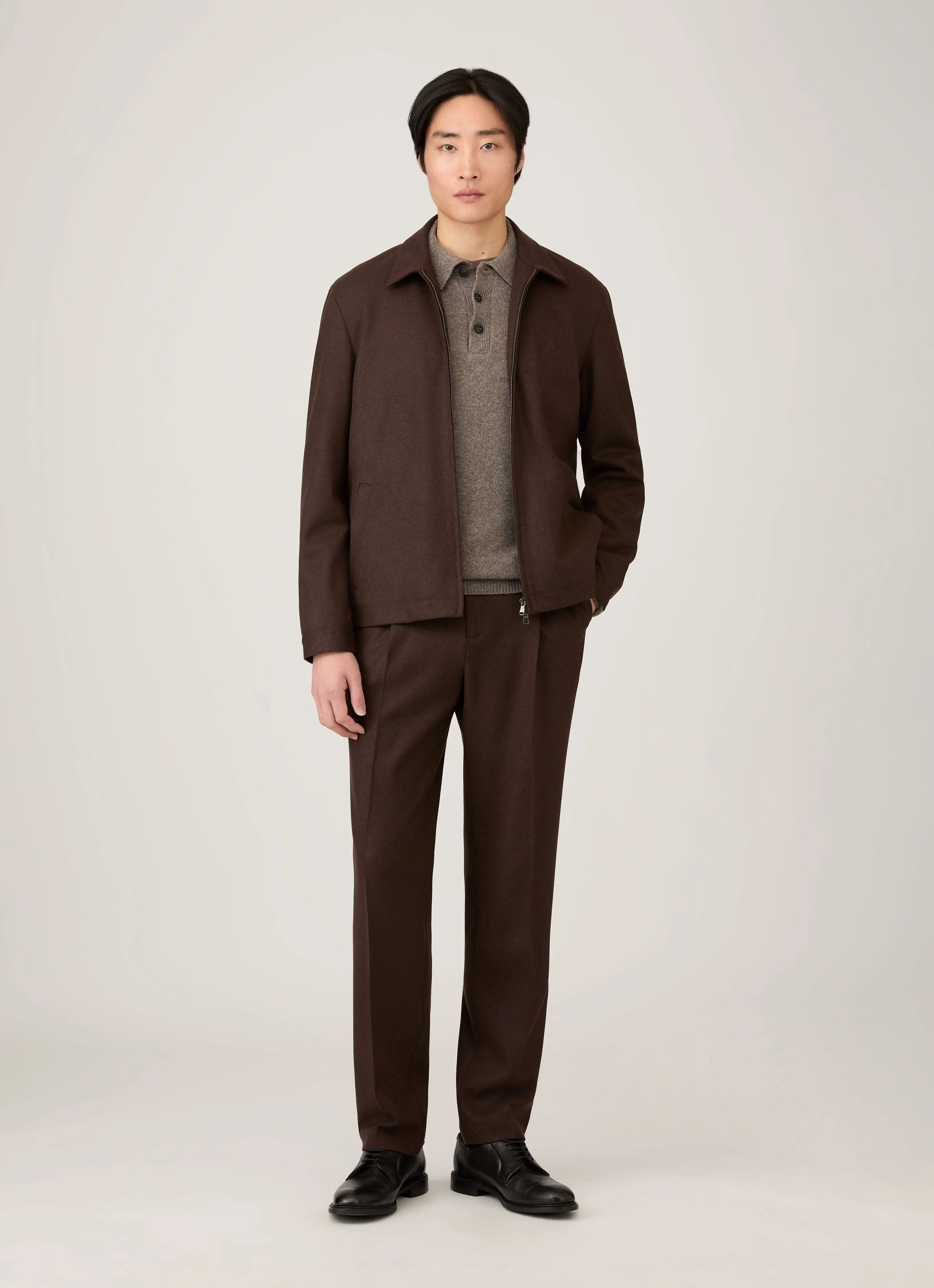 Men's Lambswool Knitted Polo Shirt in Bark sold by Sunspel product image thumbnail 3