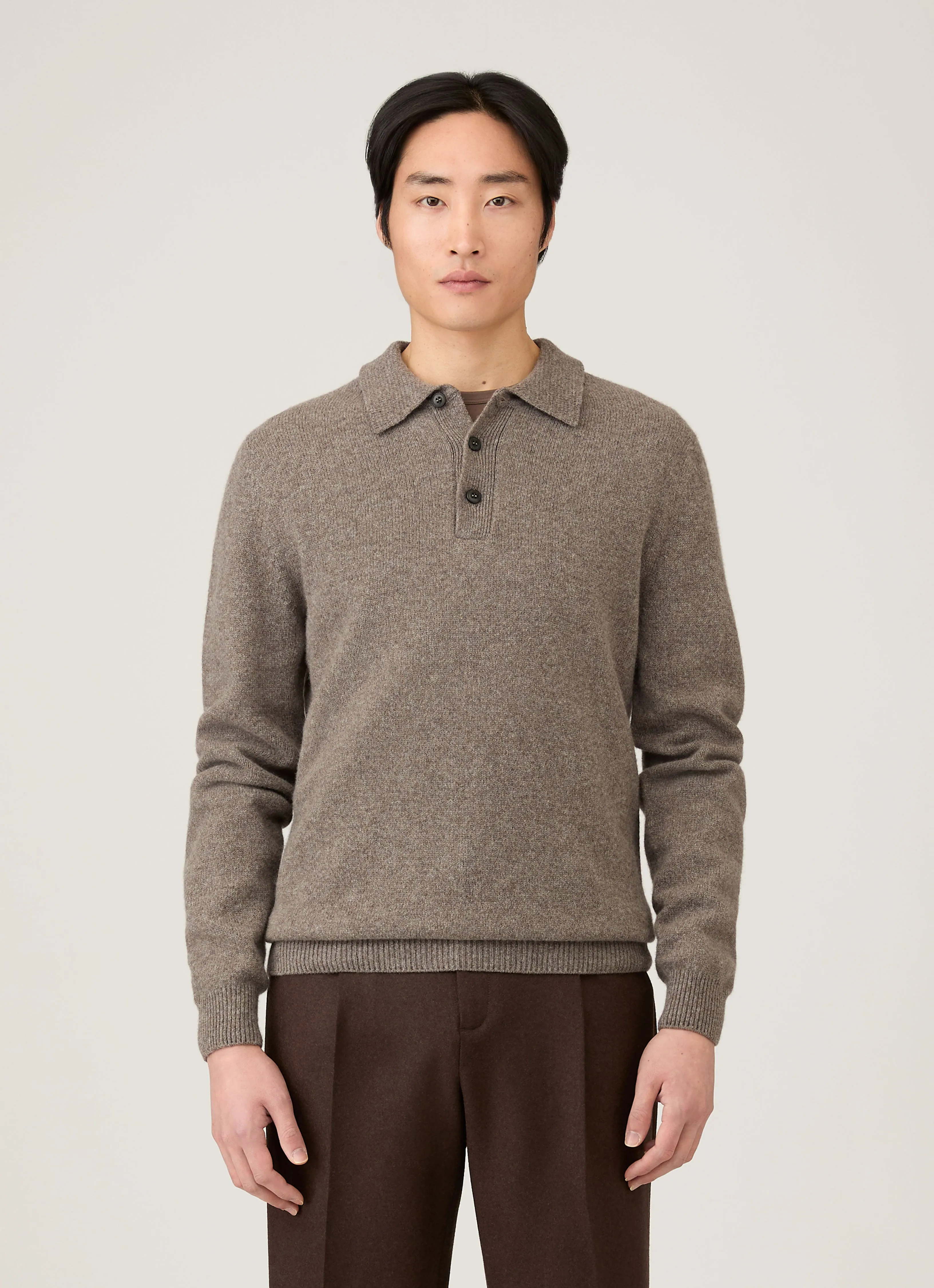 Men's Lambswool Knitted Polo Shirt in Bark sold by Sunspel product image thumbnail 2