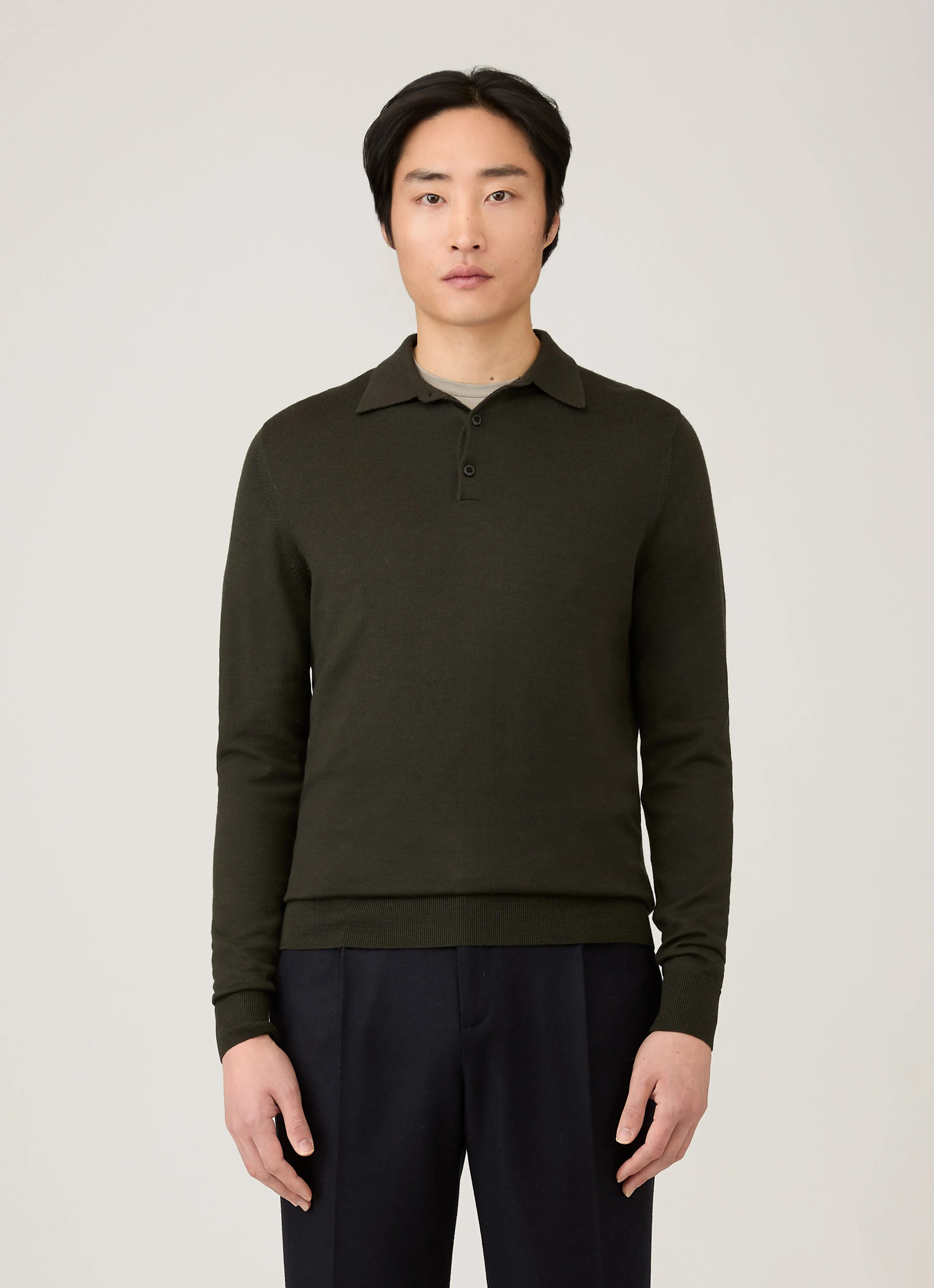 Men's Extra-Fine Merino Knitted Polo Shirt in Dark Green sold by Sunspel product image thumbnail 2