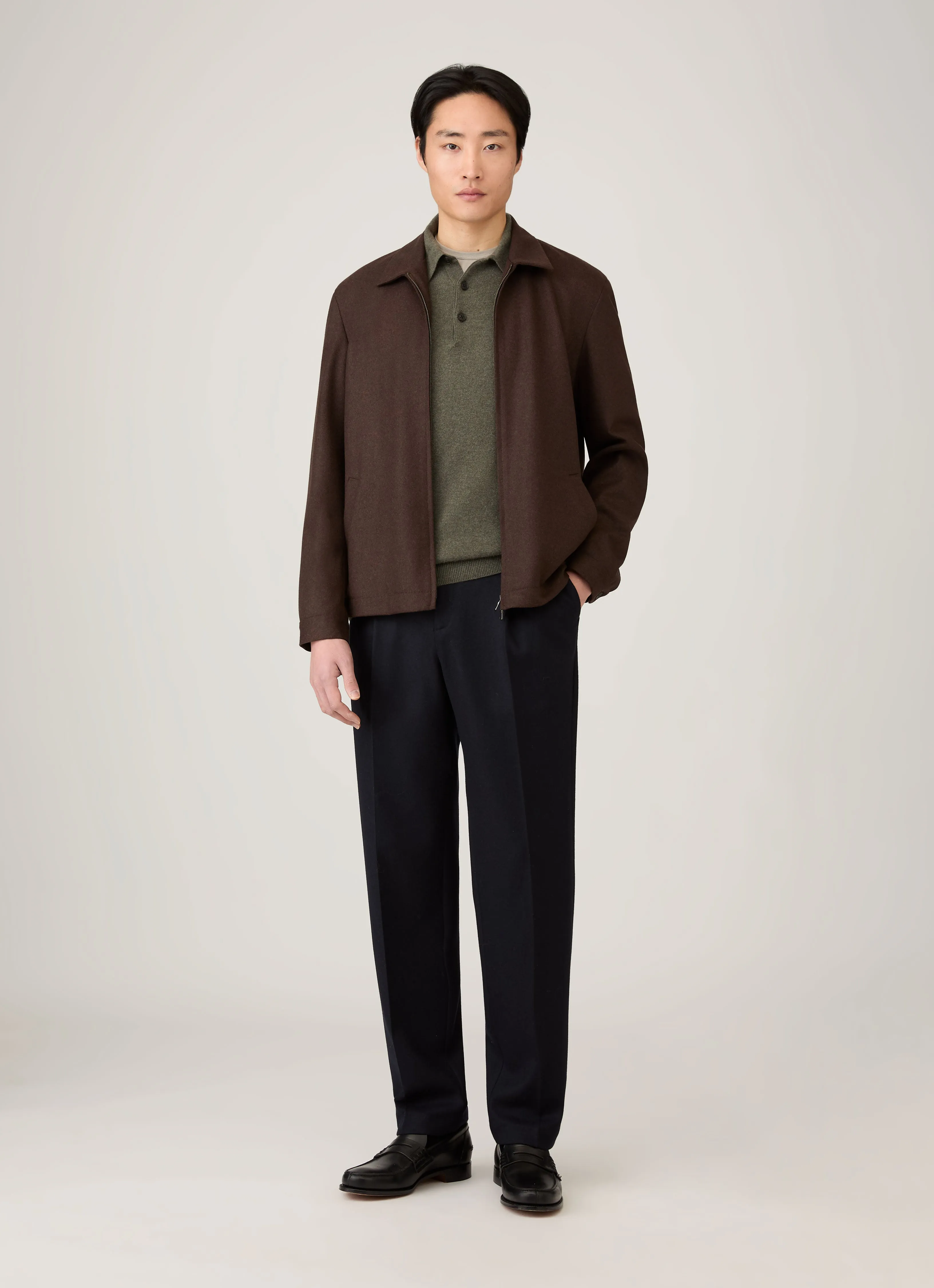 Men's Cashmere Knitted Polo Shirt in Khaki sold by Sunspel product image thumbnail 3