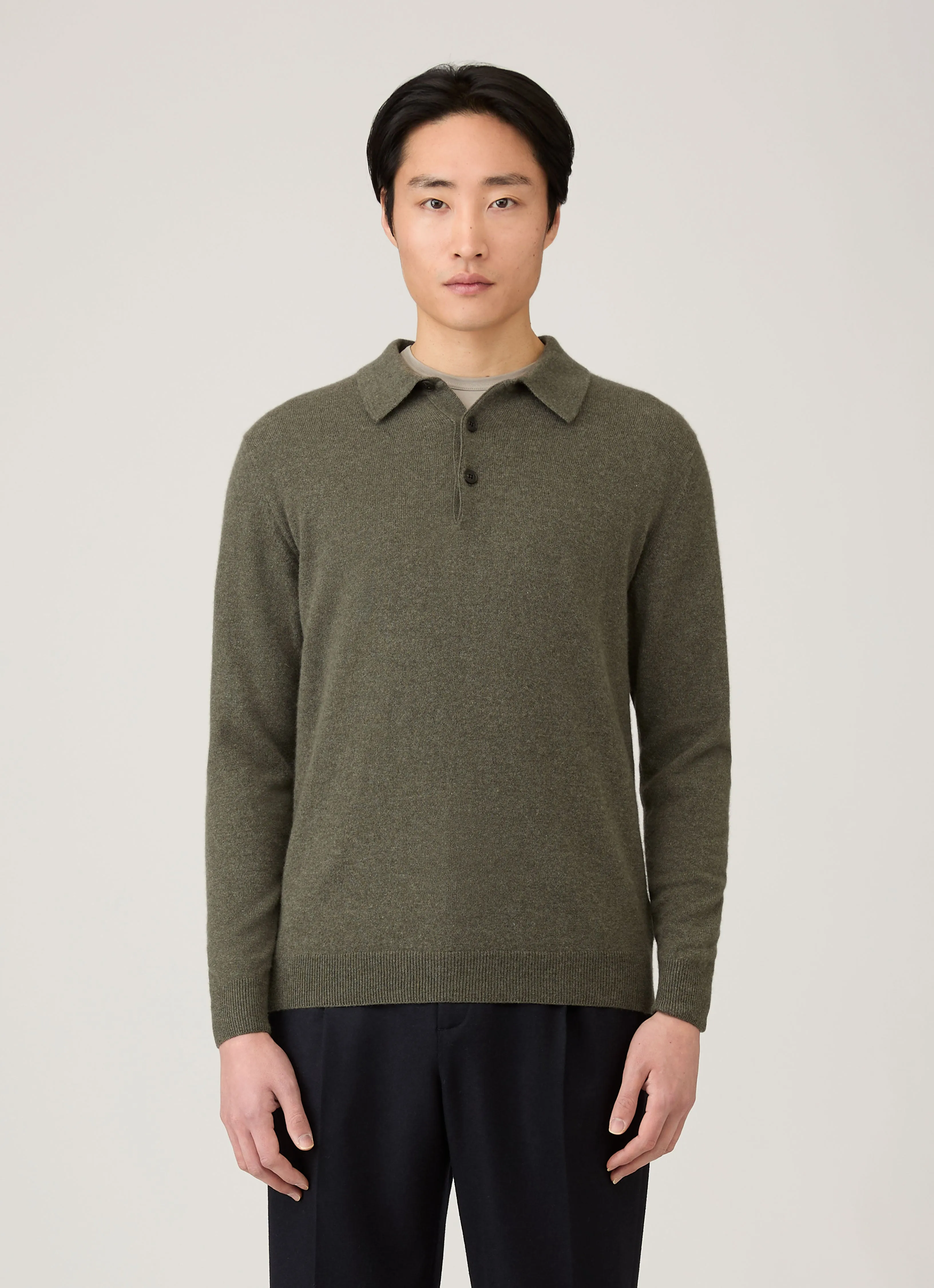 Men's Cashmere Knitted Polo Shirt in Khaki sold by Sunspel product image thumbnail 2