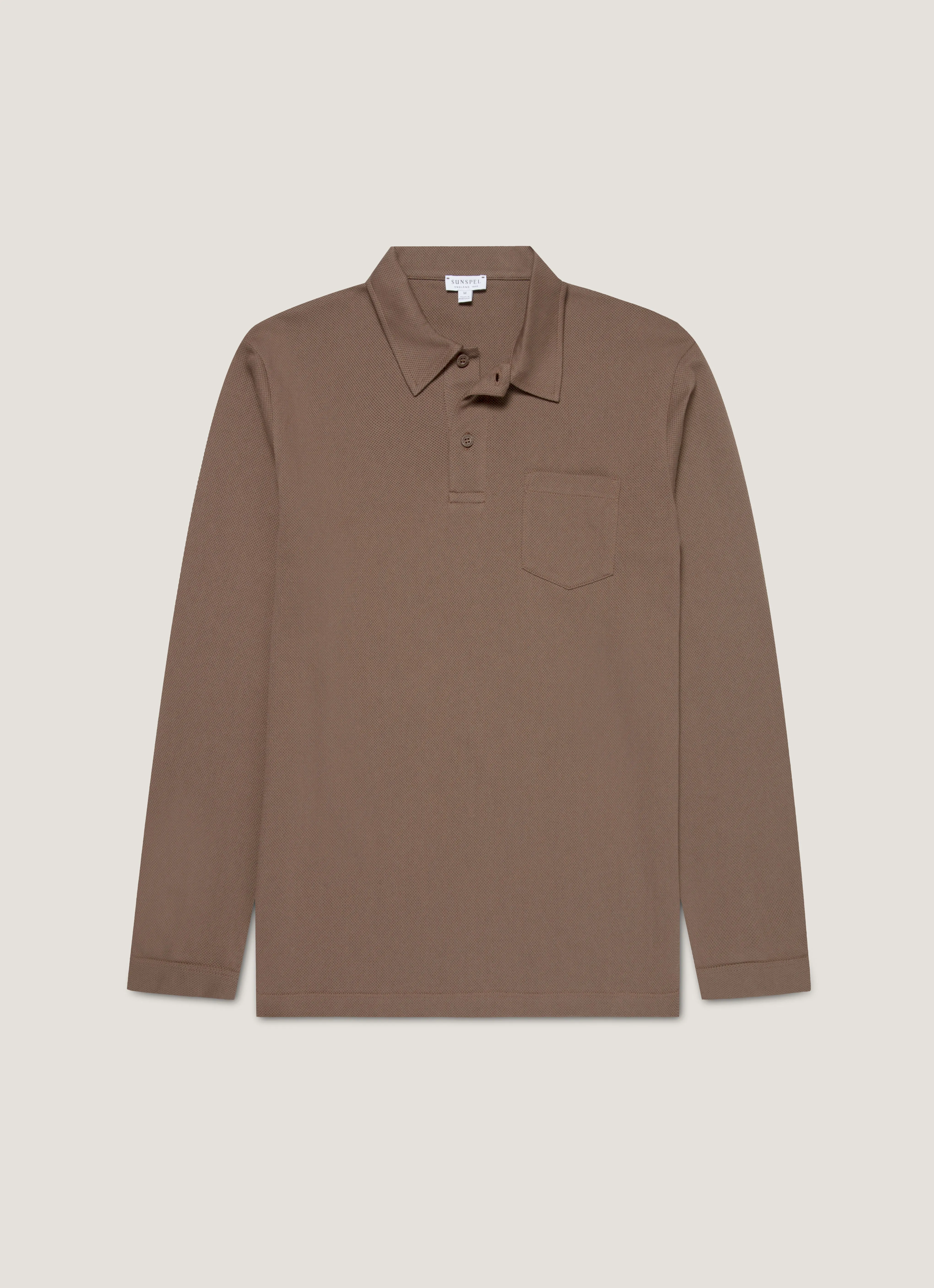 Men's Long Sleeve Riviera Polo Shirt in Bark sold by Sunspel