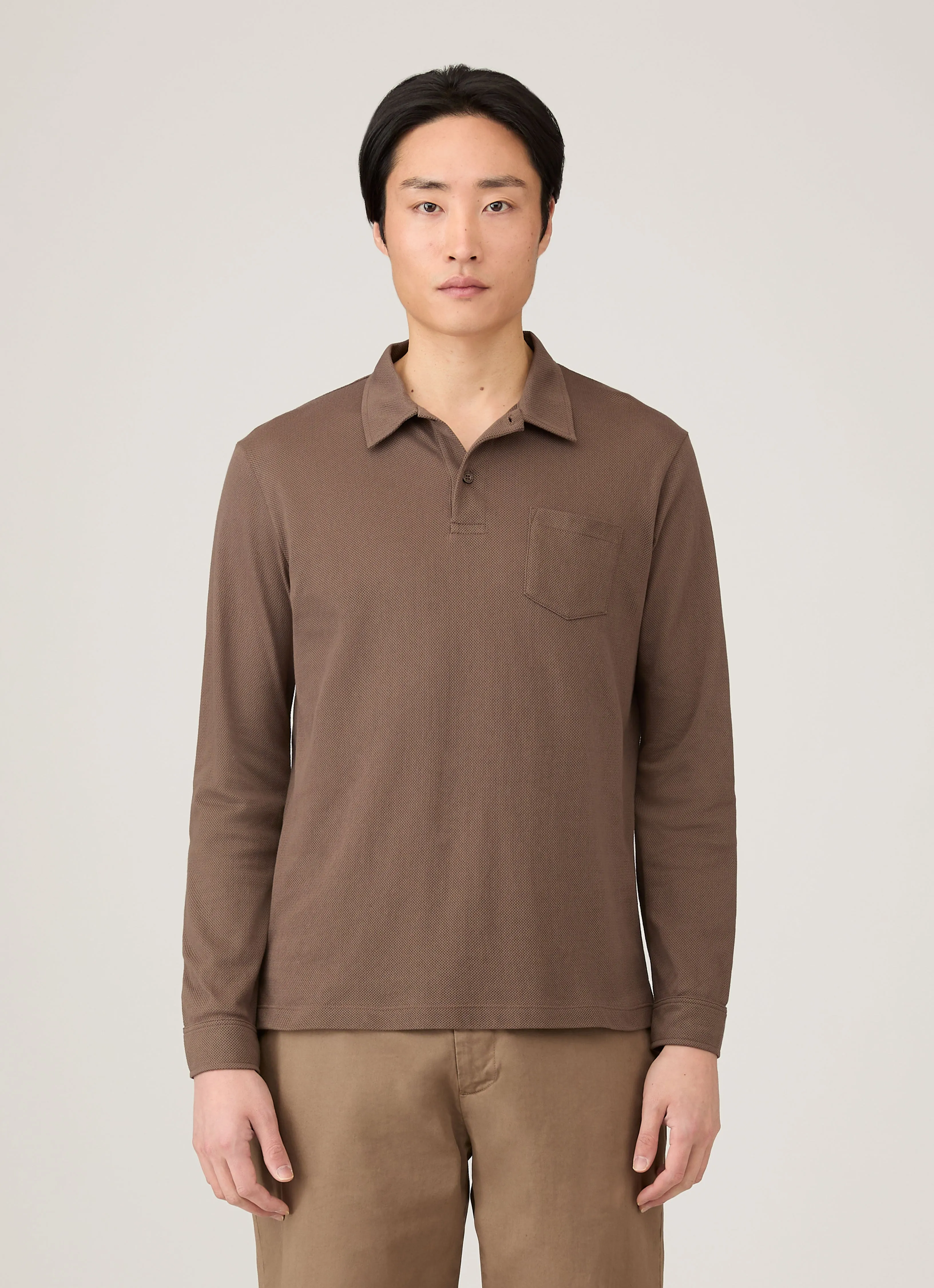 Men's Long Sleeve Riviera Polo Shirt in Bark sold by Sunspel product image thumbnail 2