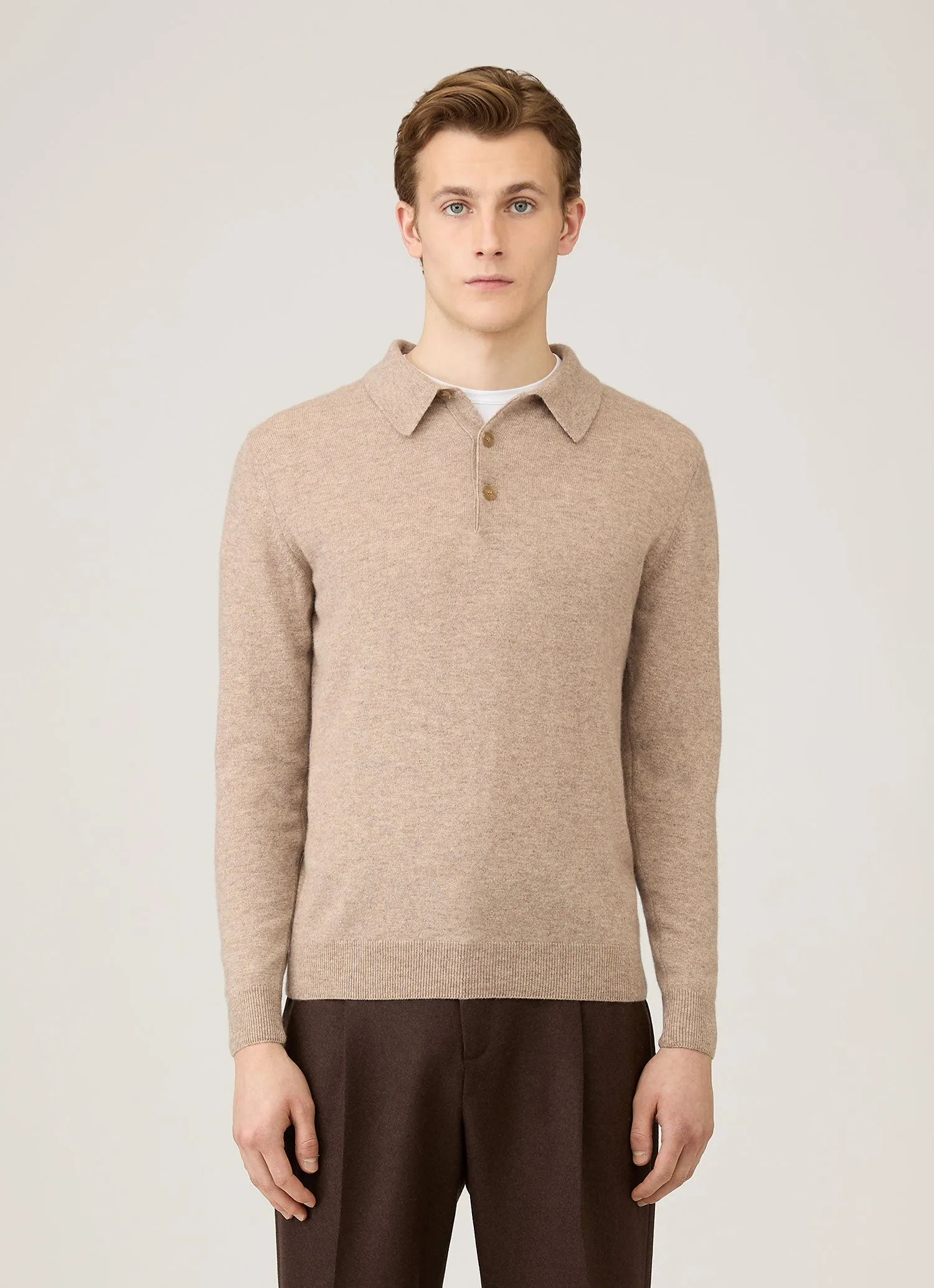 Men's Cashmere Knitted Polo Shirt in Oatmeal Melange sold by Sunspel product image thumbnail 2