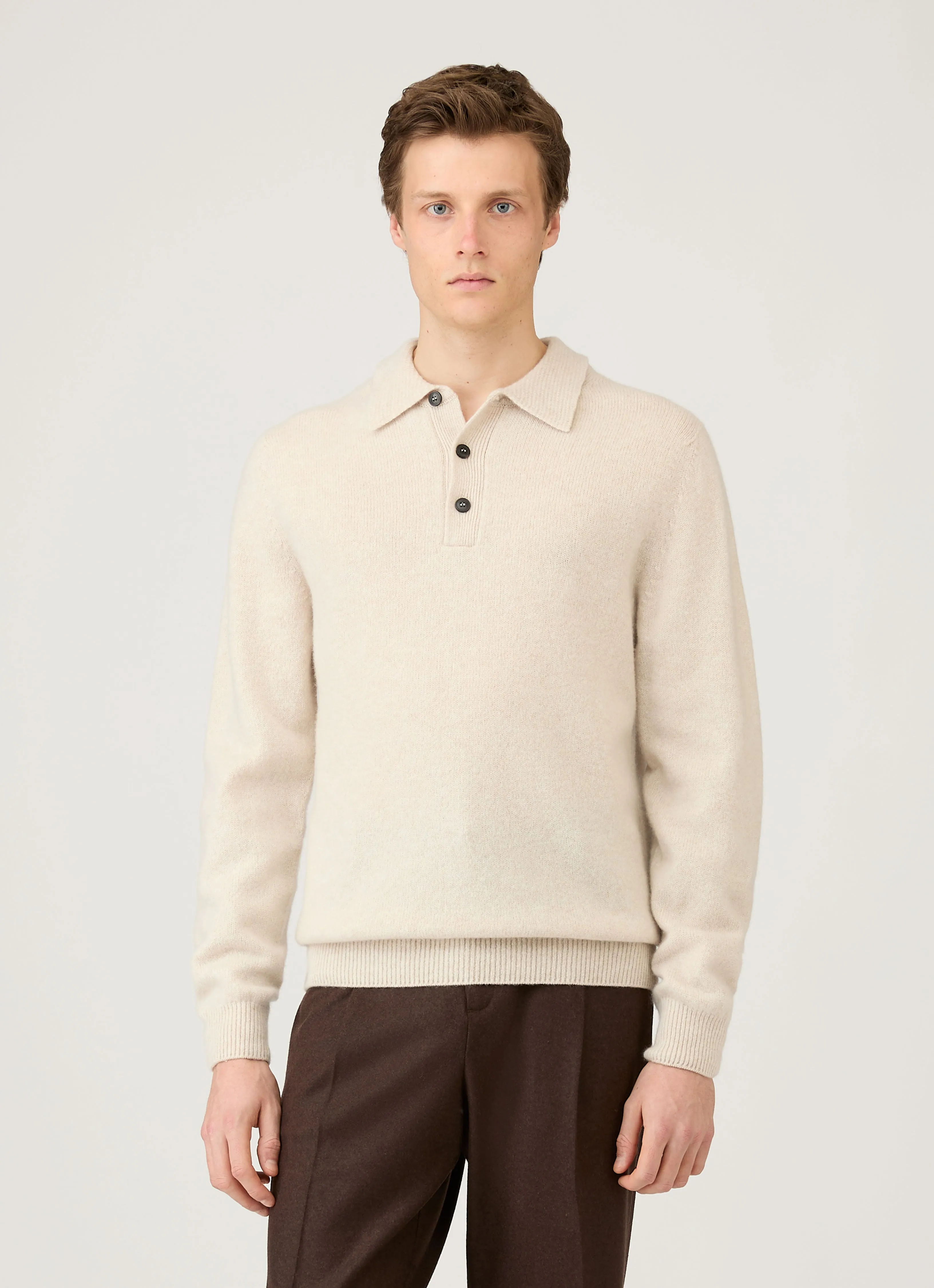 Men's Lambswool Knitted Polo Shirt in Oatmeal Melange sold by Sunspel product image thumbnail 2