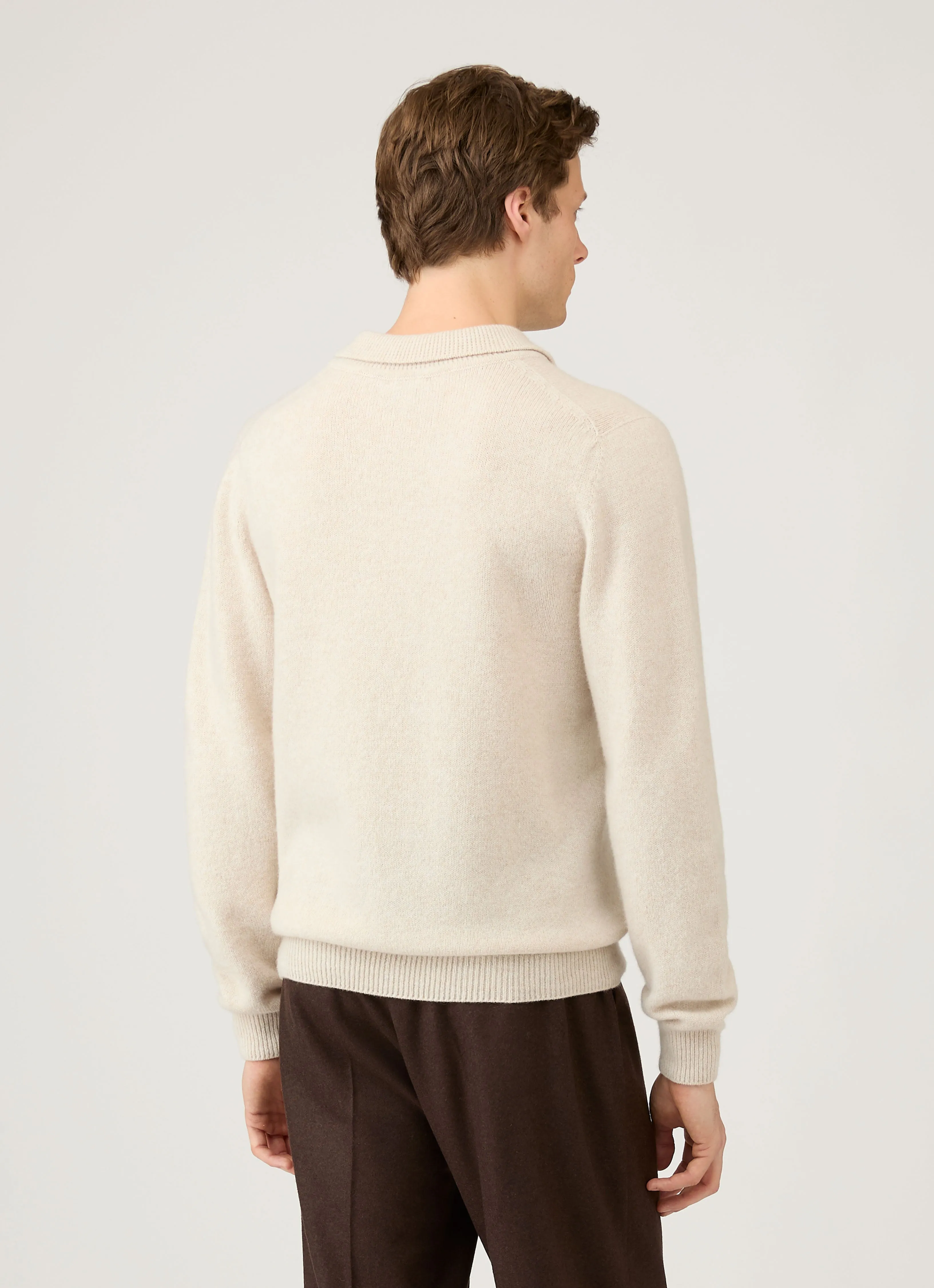 Men's Lambswool Knitted Polo Shirt in Oatmeal Melange sold by Sunspel product image thumbnail 5