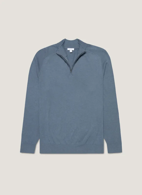 Men's Sea Island Cashmere Half Zip in Slate Blue sold by Sunspel