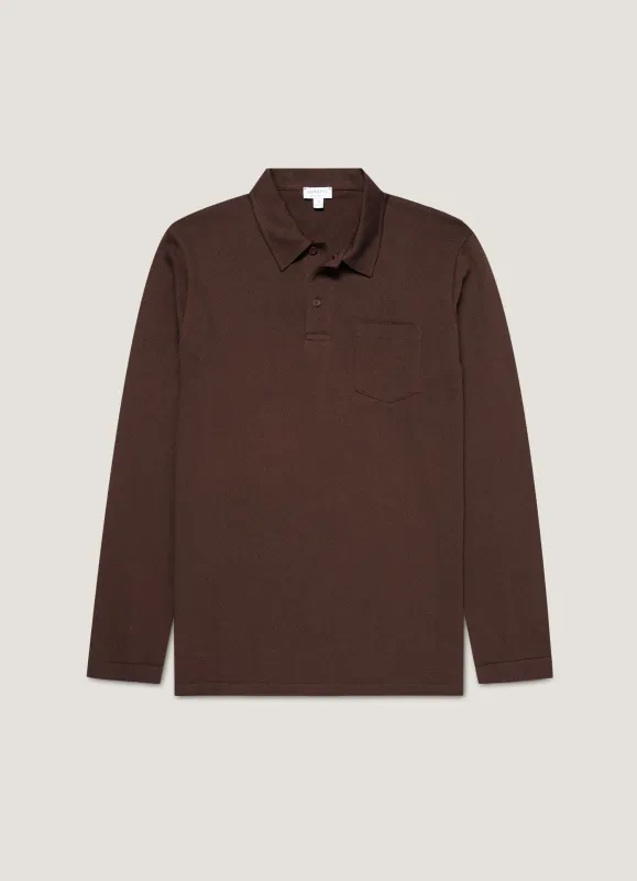 Men's Long Sleeve Riviera Polo Shirt in Bakelite sold by Sunspel