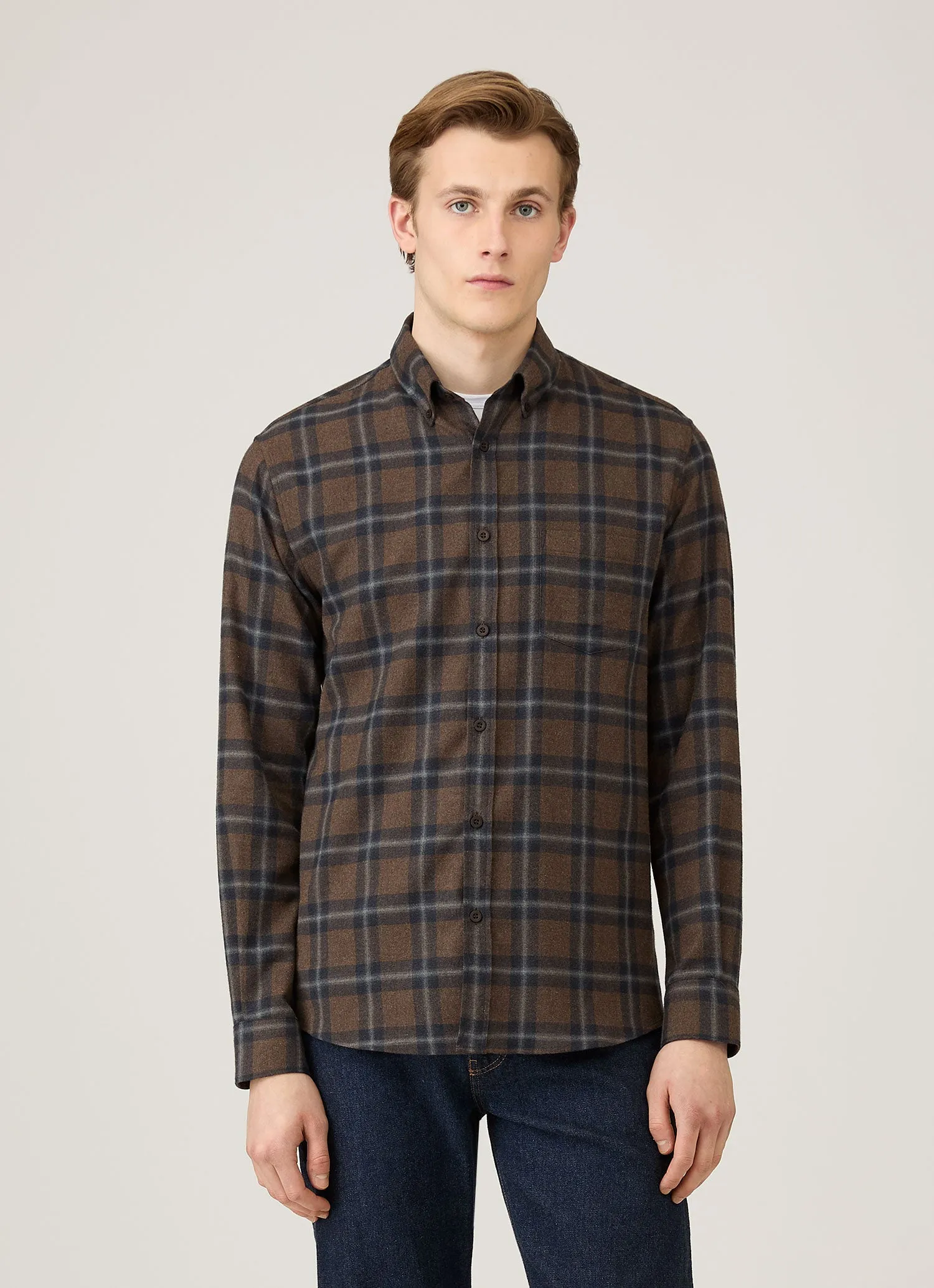 Men's Button Down Flannel Shirt in Bark Check sold by Sunspel product image thumbnail 2