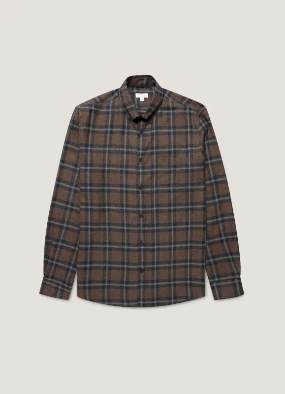 Men's Button Down Flannel Shirt in Bark Check sold by Sunspel