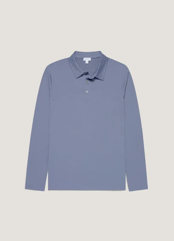 Men's Long Sleeve Classic Jersey Polo Shirt in Selvedge Blue sold by Sunspel