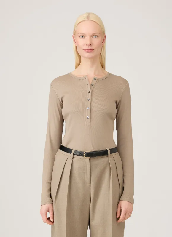 Women's Ribbed Henley in Mink sold by Sunspel