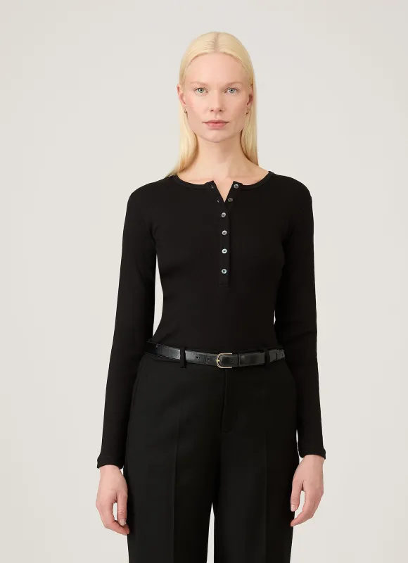 Women's Ribbed Henley in Black sold by Sunspel