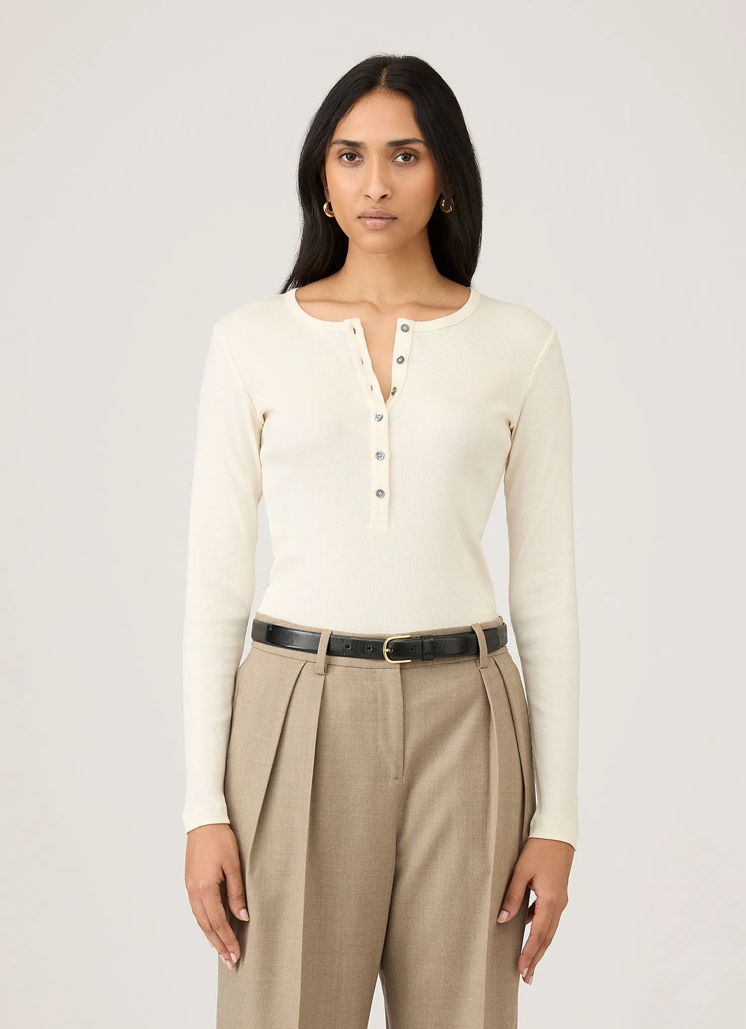 Women's Ribbed Henley in Ecru sold by Sunspel